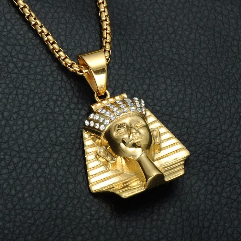 Cubic Zirconia Studded Ancient Egypt Pharaoh Bead Chain Stainless Steel Hip-hop Pendant Necklace