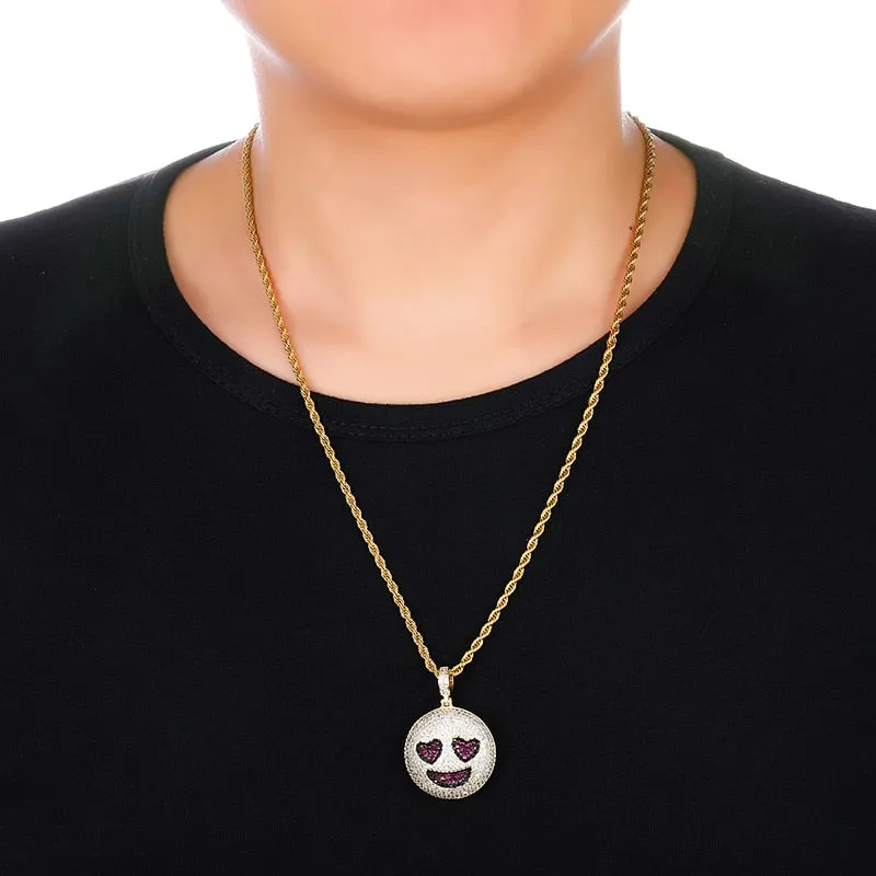 Cubic-Zirconia-Studded Gold-Plated Emoticon Bling Hip-hop Pendant Necklace