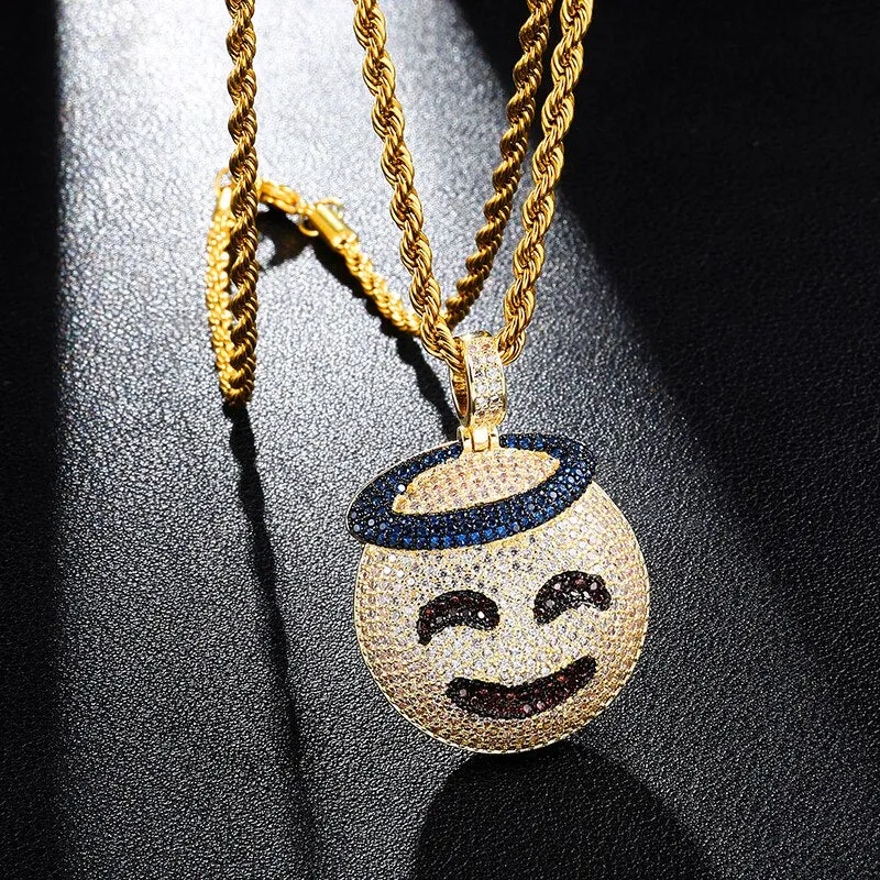 Cubic-Zirconia-Studded Gold-Plated Emoticon Bling Hip-hop Pendant Necklace