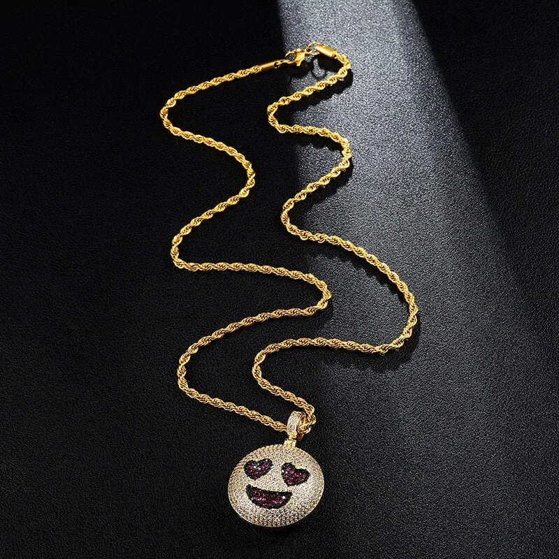 Cubic-Zirconia-Studded Gold-Plated Emoticon Bling Hip-hop Pendant Necklace