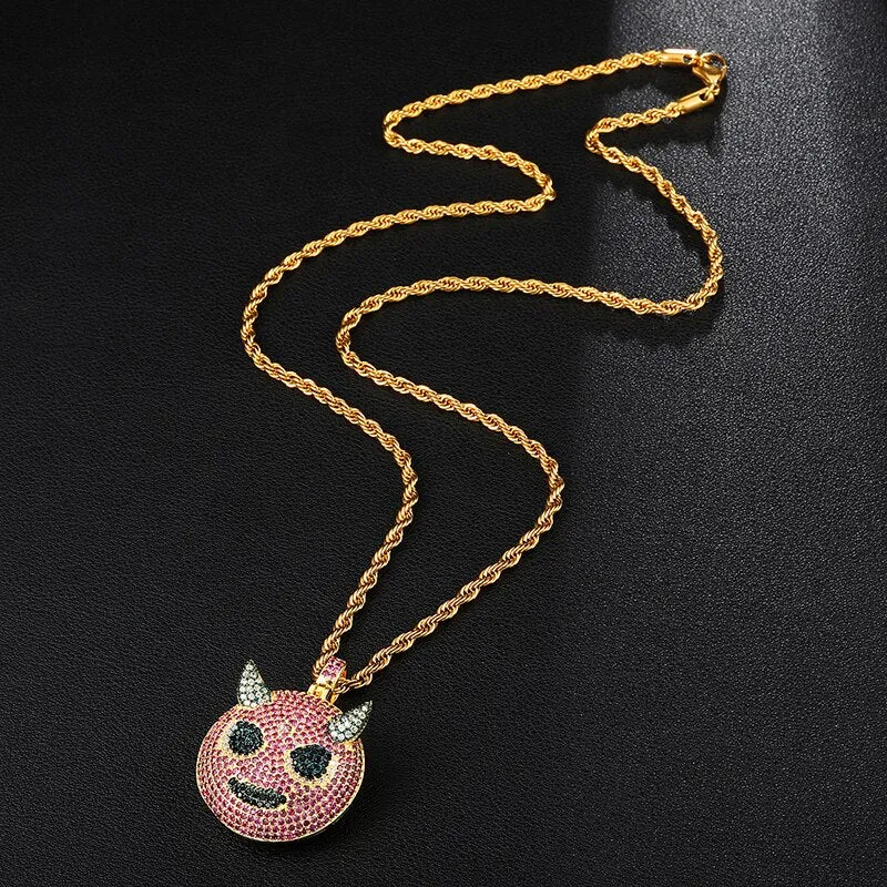 Cubic-Zirconia-Studded Gold-Plated Ghost Bling Hip-hop Pendant Necklace