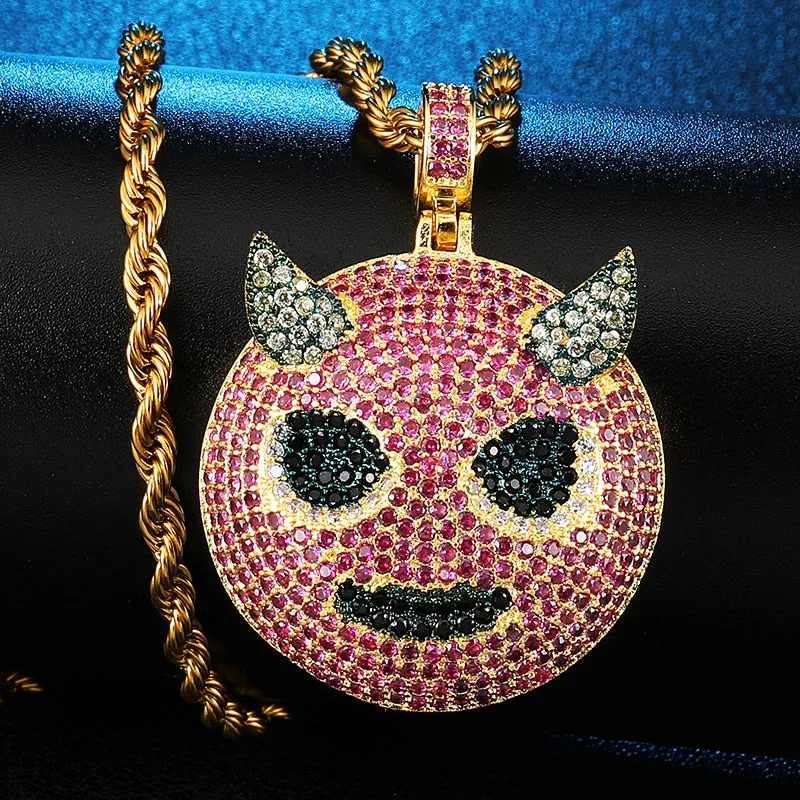 Cubic-Zirconia-Studded Gold-Plated Ghost Bling Hip-hop Pendant Necklace