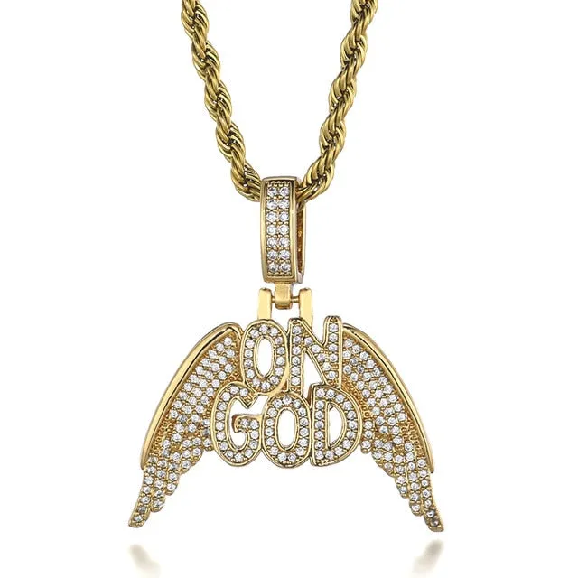 Cubic-Zirconia-Studded "On God" Bling Hip-hop Pendant Necklace