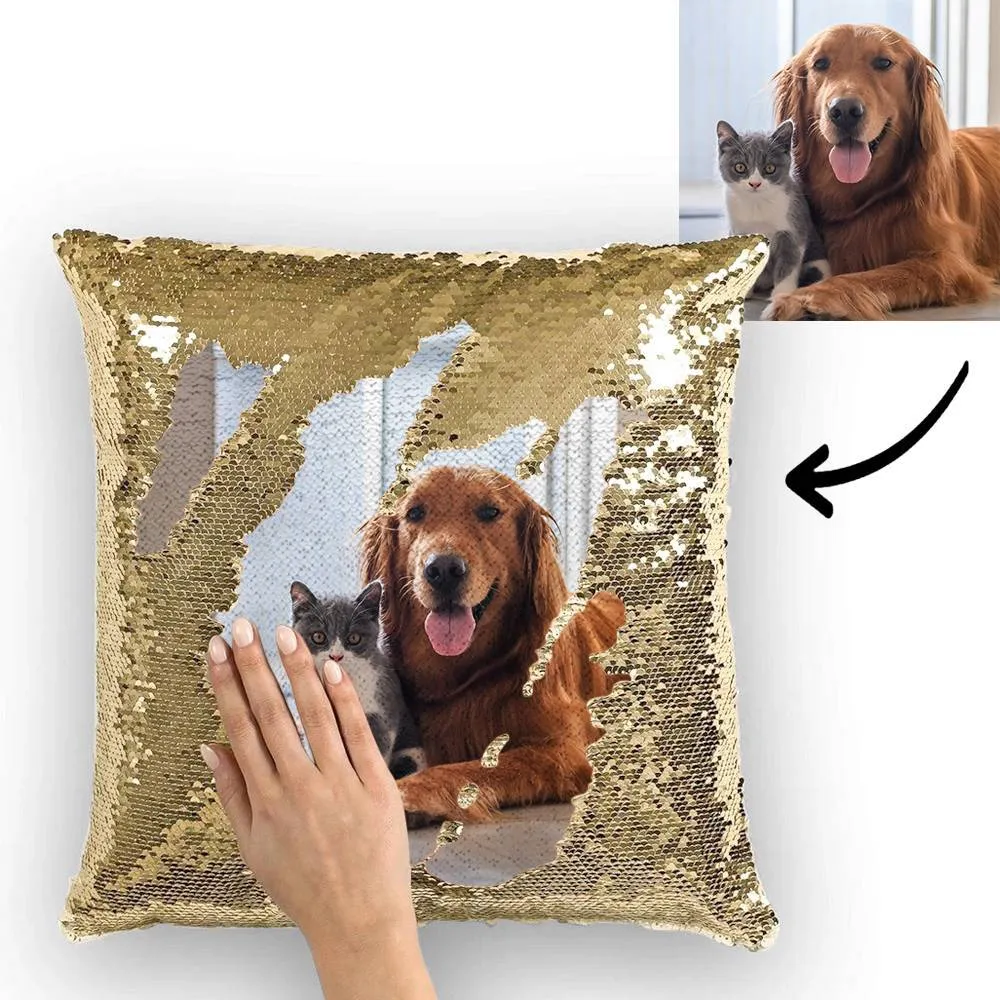 Custom Cute Dog Photo Magic Sequins Pillow Multicolor Shiny 15.75''*15.75''