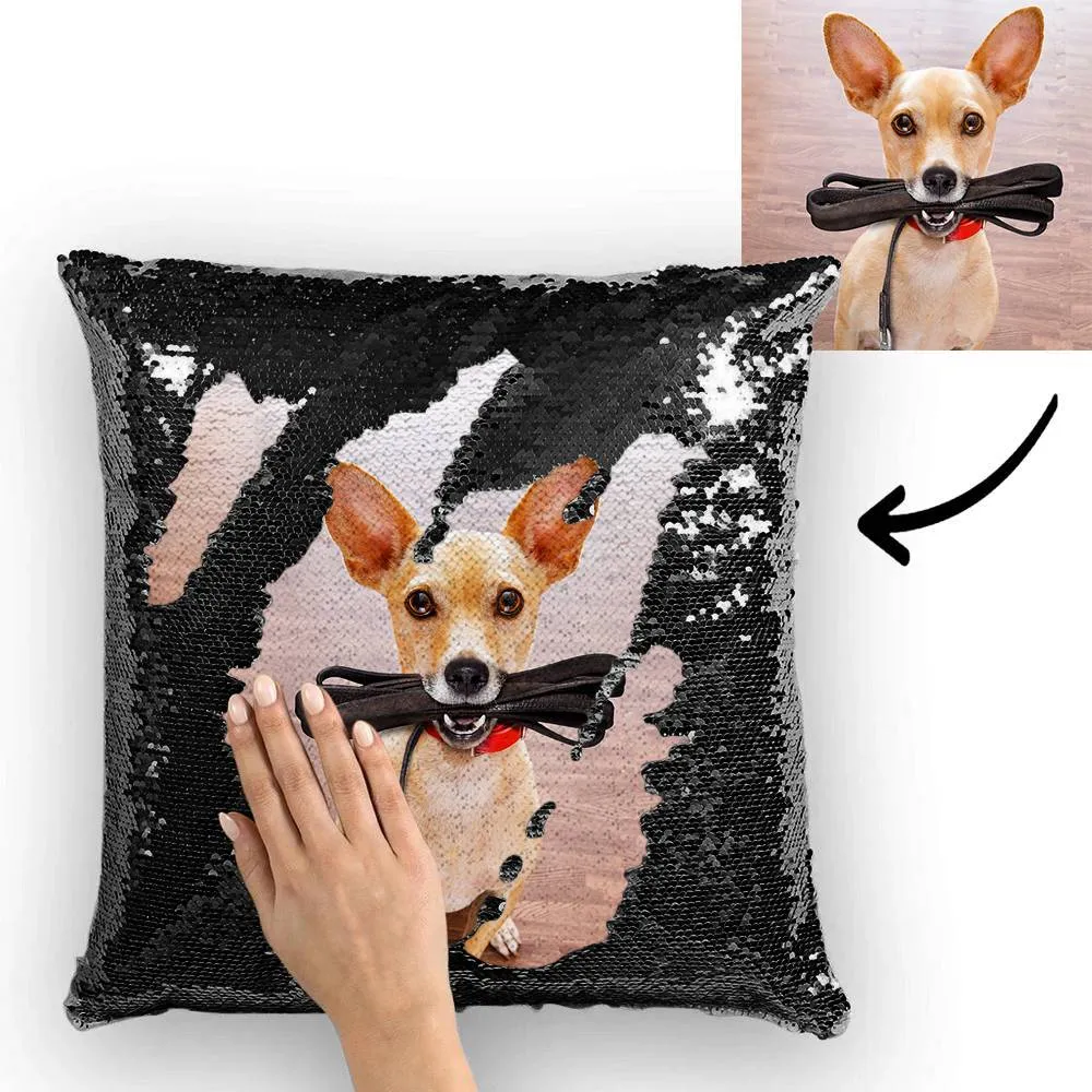 Custom Cute Dog Photo Magic Sequins Pillow Multicolor Shiny 15.75''*15.75''