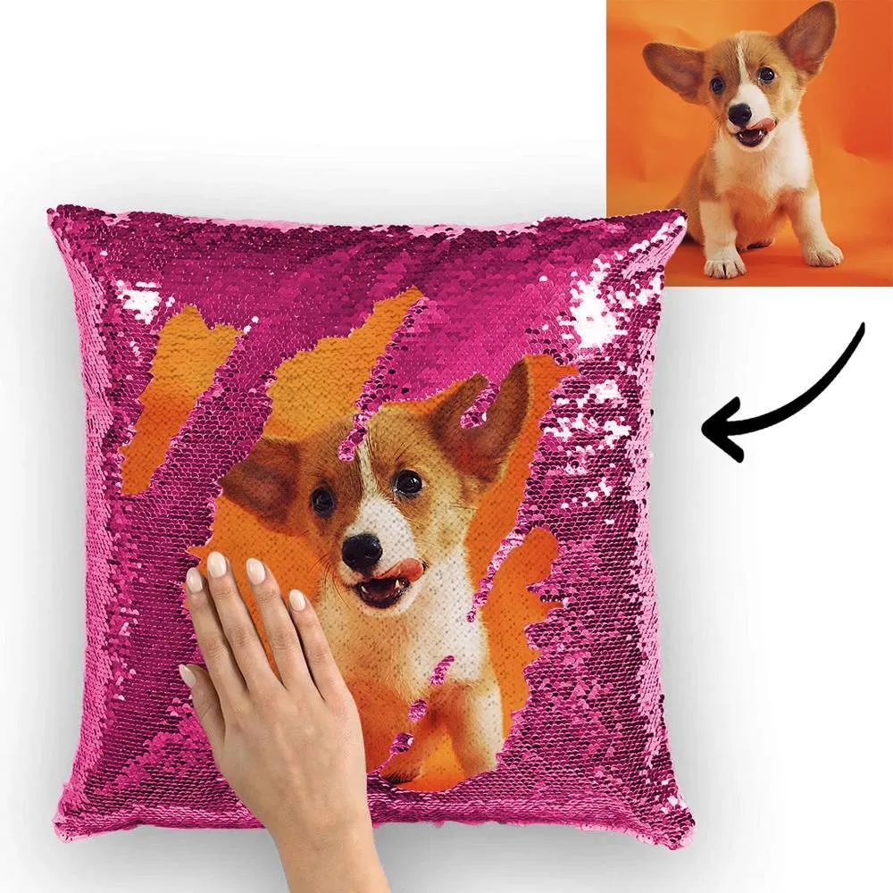 Custom Cute Dog Photo Magic Sequins Pillow Multicolor Shiny 15.75''*15.75''