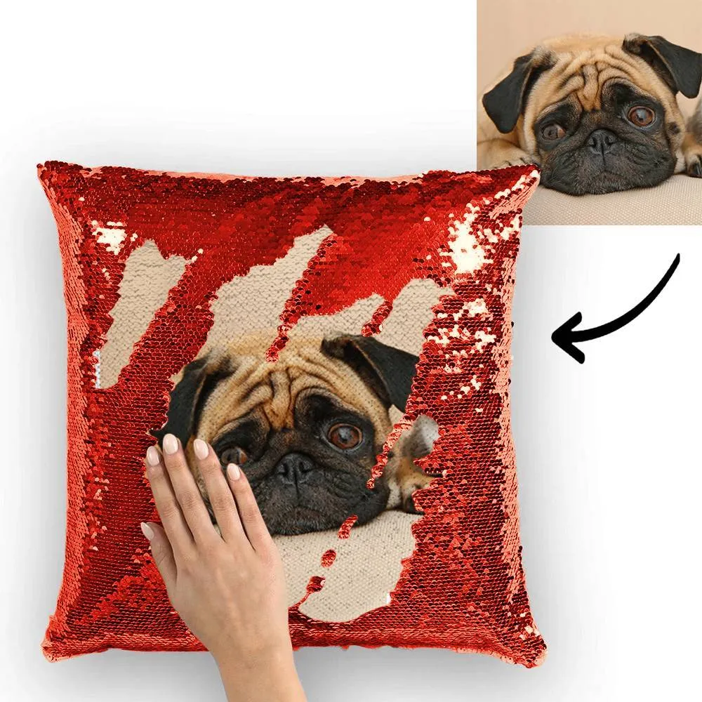 Custom Cute Dog Photo Magic Sequins Pillow Multicolor Shiny 15.75''*15.75''