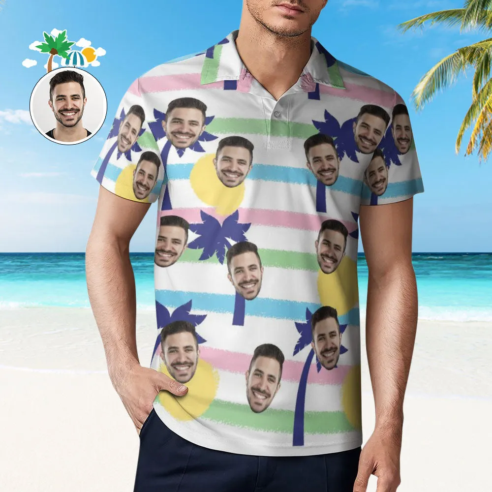 Custom Face Blue Palm Tree Polo Shirt For Men Personalized Hawaiian Golf Shirts