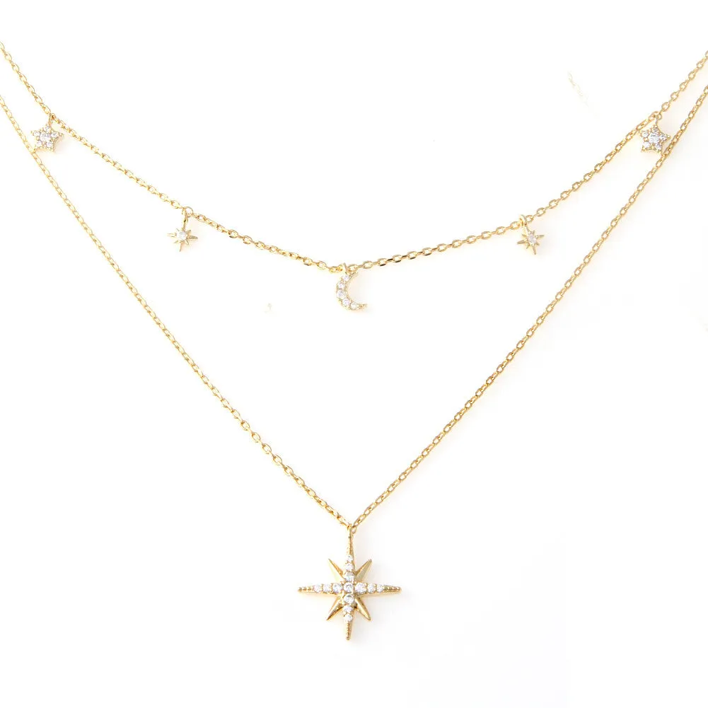 CZ Crescent Moon and Stars Layered Necklace Plated Brass