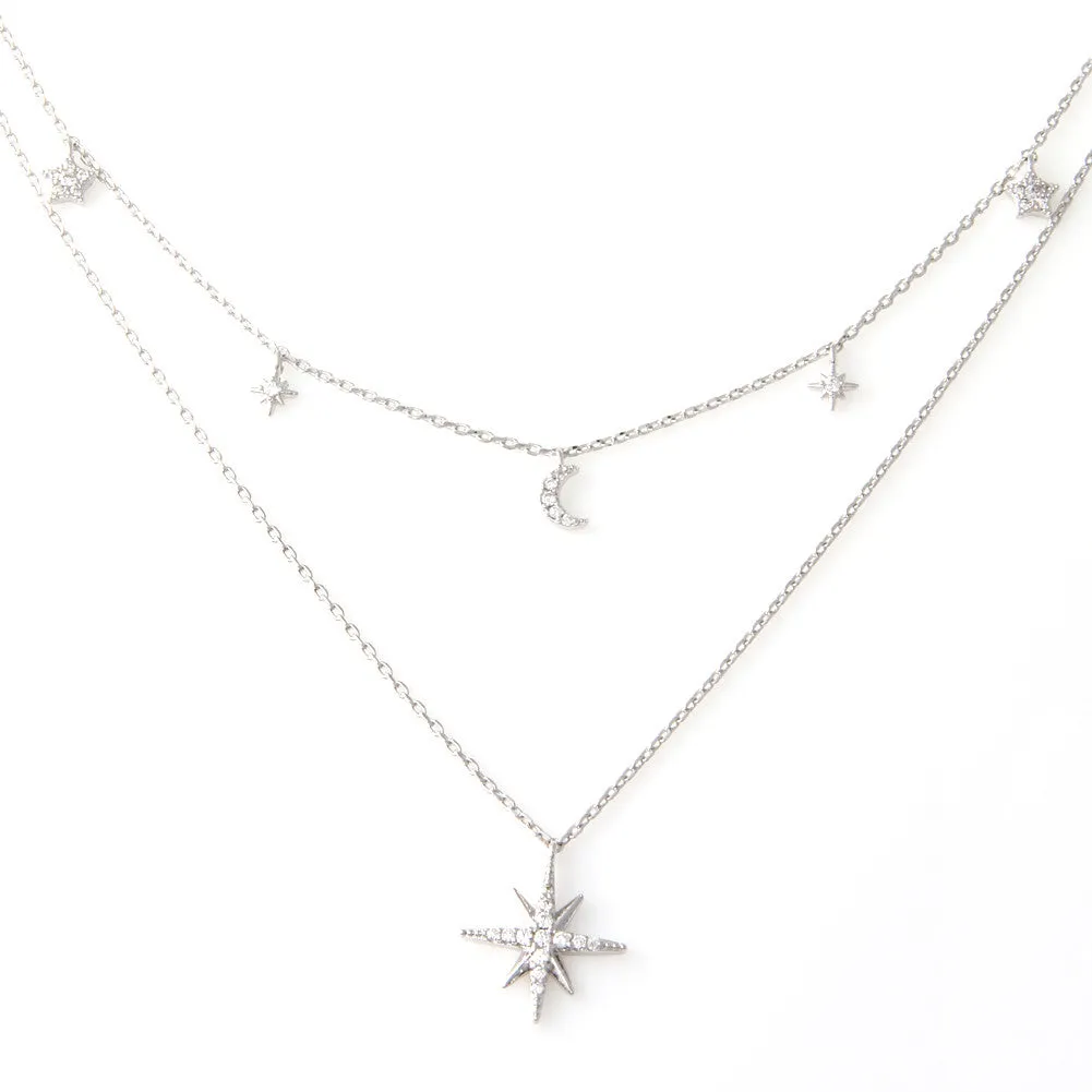 CZ Crescent Moon and Stars Layered Necklace Plated Brass