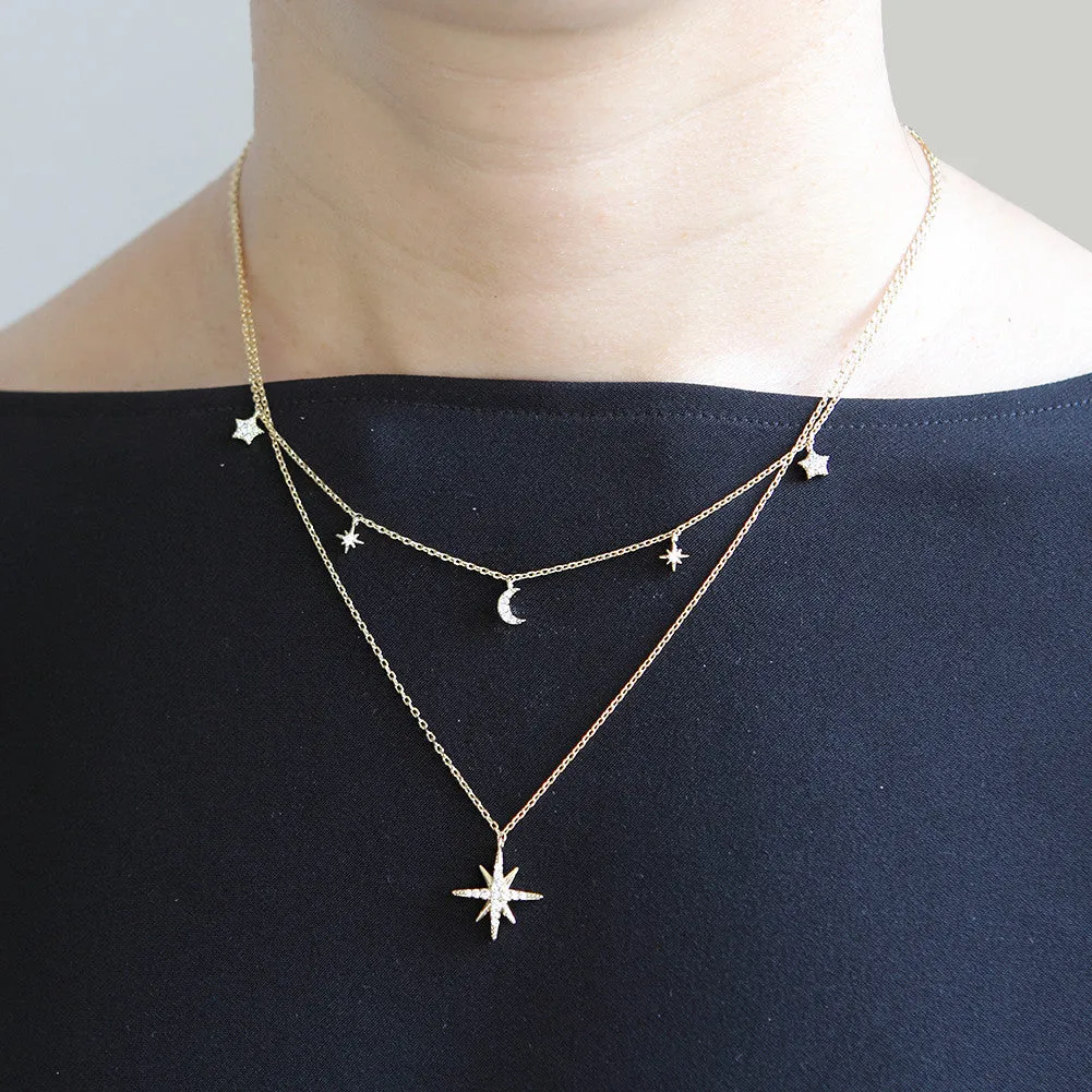 CZ Crescent Moon and Stars Layered Necklace Plated Brass