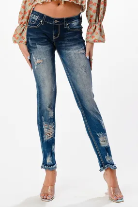 Distress with Hem Detail Med Blue Mid Rise Skinny Jeans