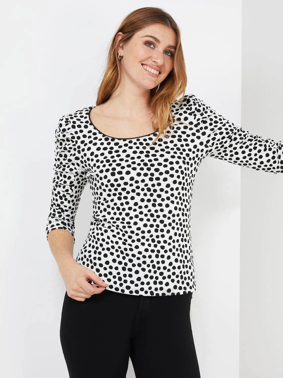 Dot Print Puff Sleeve Top