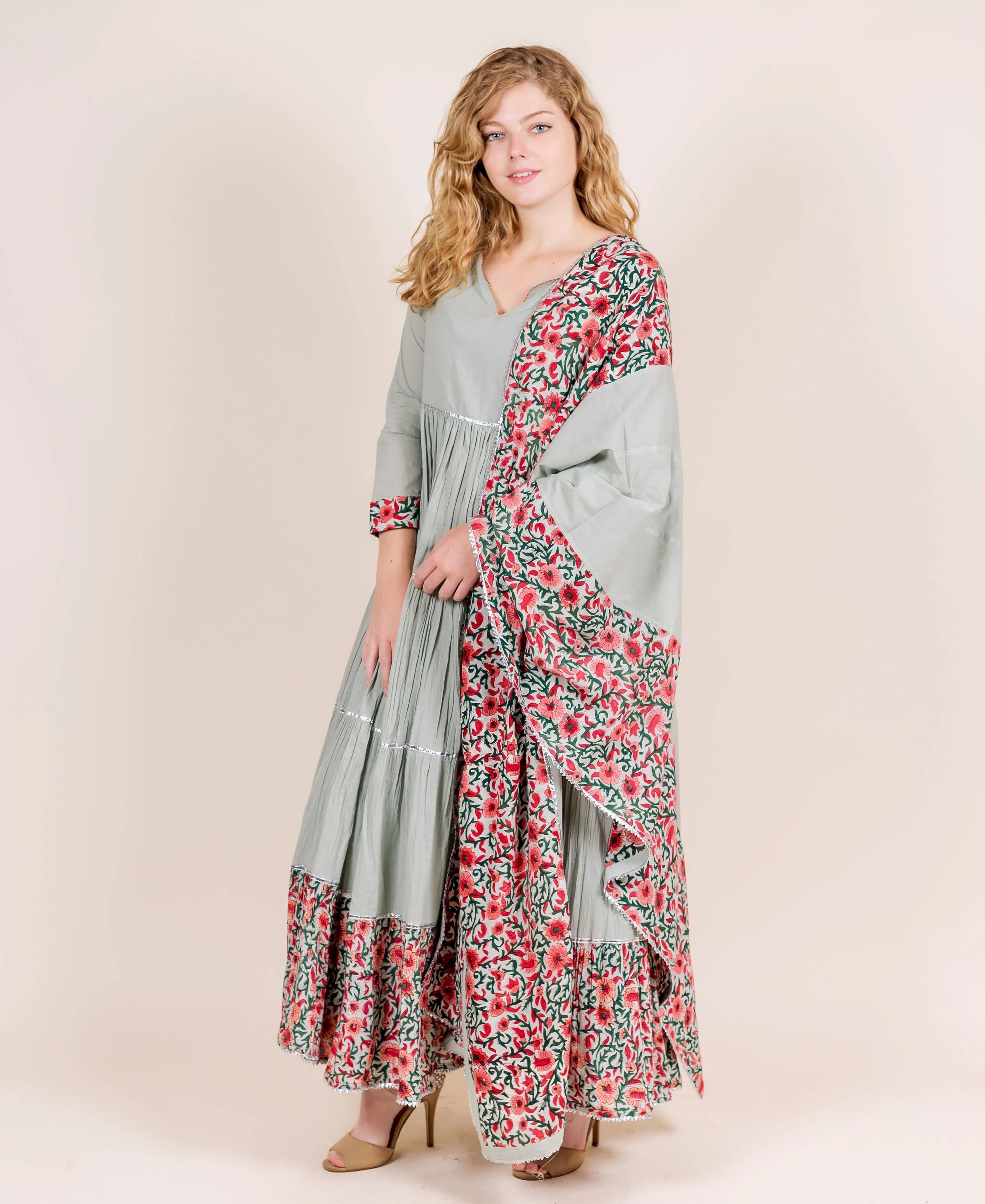 Dusty Mint Hand Block Printed Dress with Dupatta