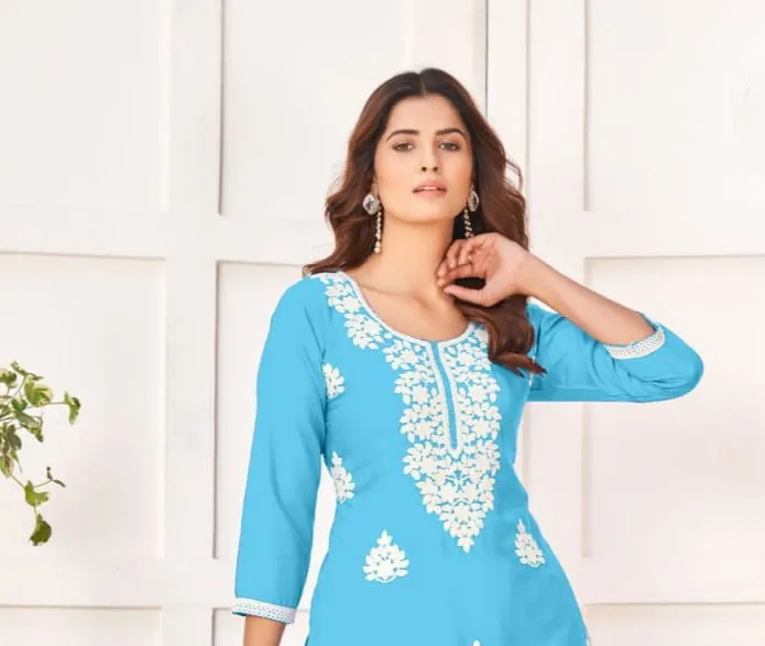 Embroidery Party wear Sky Blue Women's Chikankari Kurti Plazo Suit