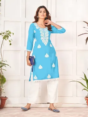 Embroidery Party wear Sky Blue Women's Chikankari Kurti Plazo Suit