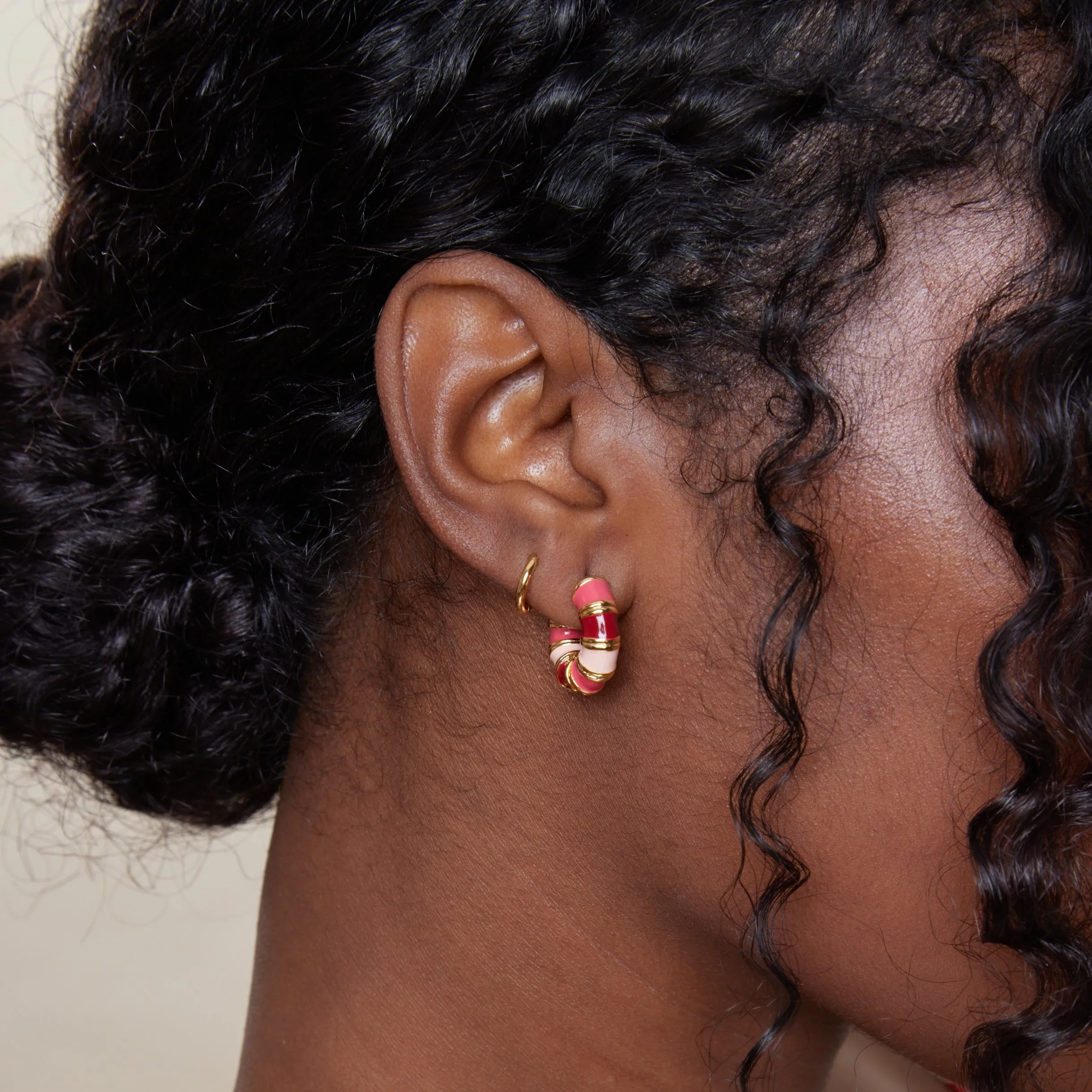 Enamel Mixed Colour Chubby Hoop Earrings - Pink