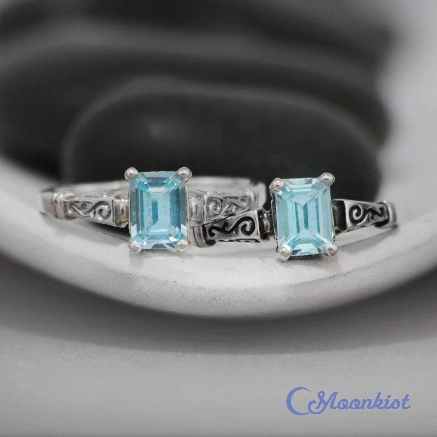 Engraved Rectangular Blue Topaz Ring | Moonkist Designs