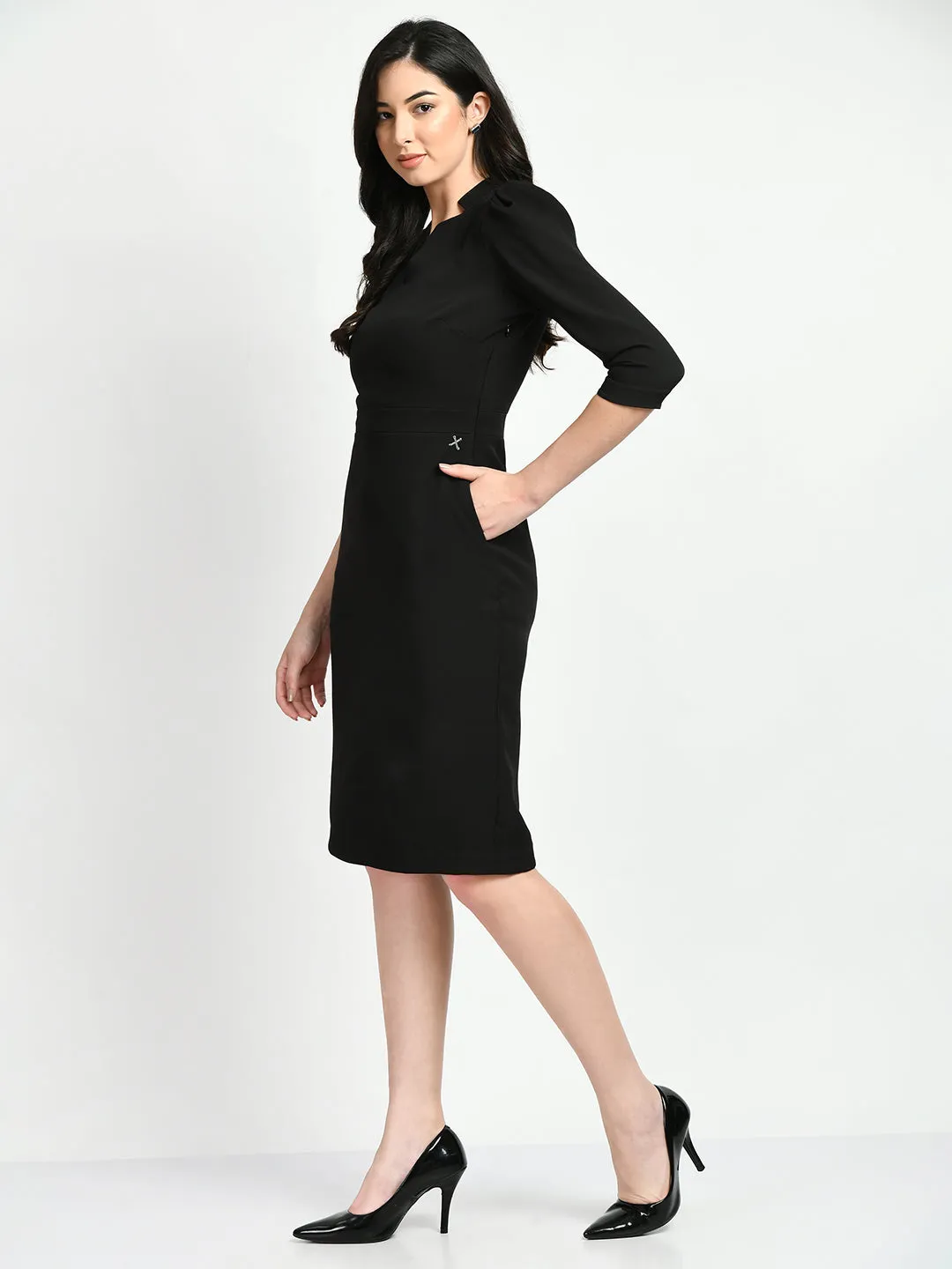 Exude Grace Puff Sleeves Sheath Dress (Black)