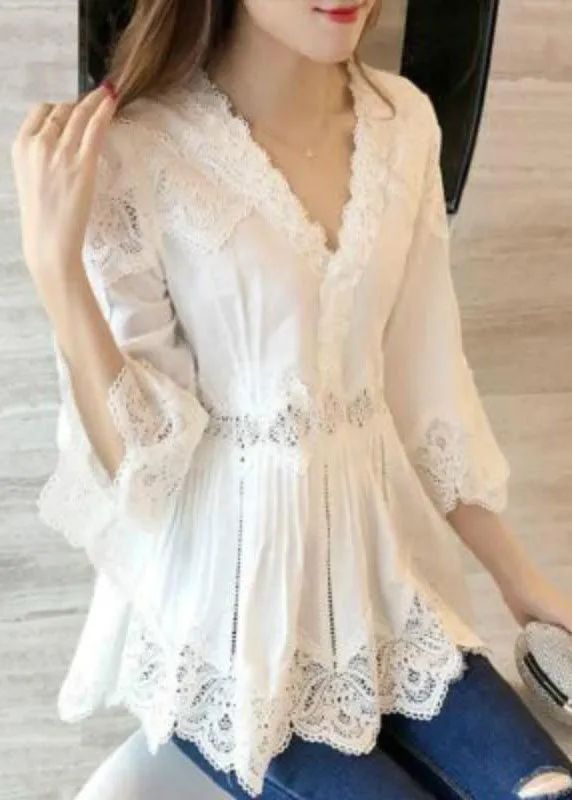 Fashion White V-Neck Ruffles Hollow Out Shirts Spring BV052