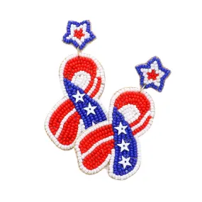 Felt Back USA Flag Seed Beaded Star Pink Ribbon Earrings