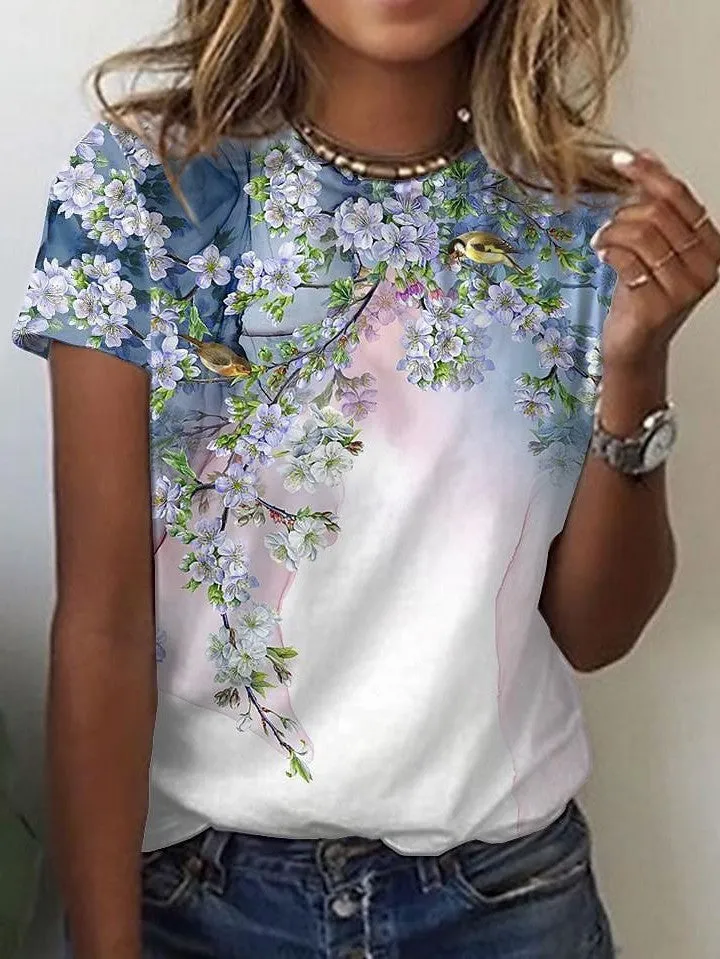 Floral Bird Print Short Sleeve Women's T-Shirt