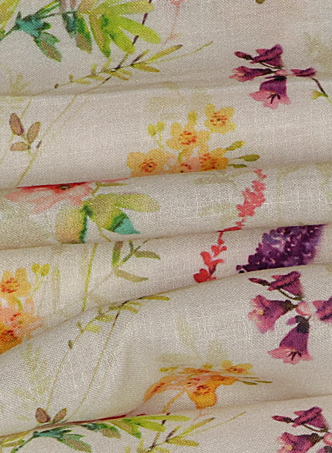 Floral printed Cream Cotton Linen Blend Fabric