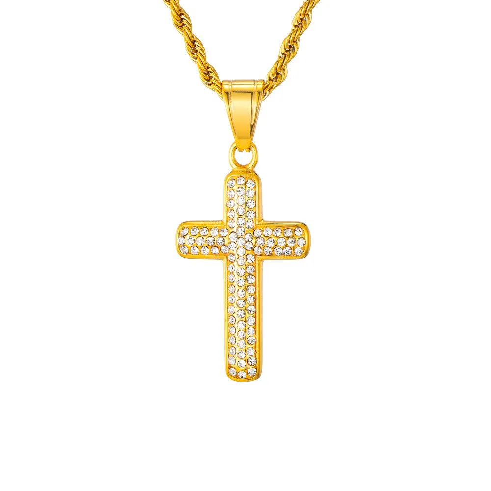 Gemstone-Studded Gold-Plated Cross Bling Stainless Steel Hip-hop Pendant Necklace