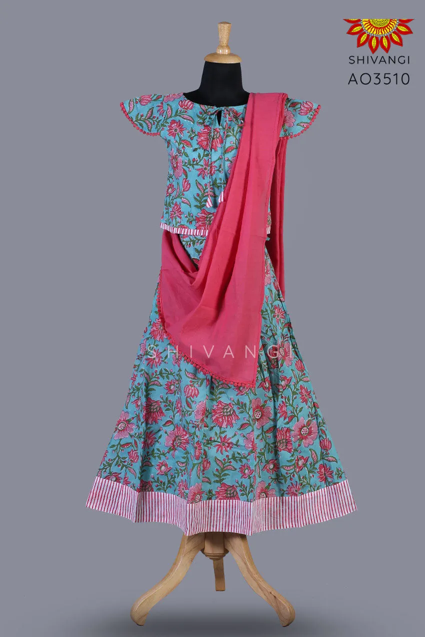 Girls Block Print Lehenga with Dupatta Green