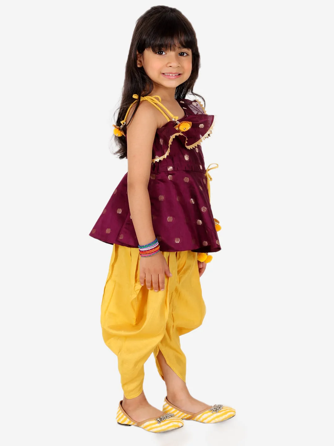 Girls Ethnic Festive Wear Chanderi Silk One Shoulder Peplum With Dhoti- Clothing Sets Purple