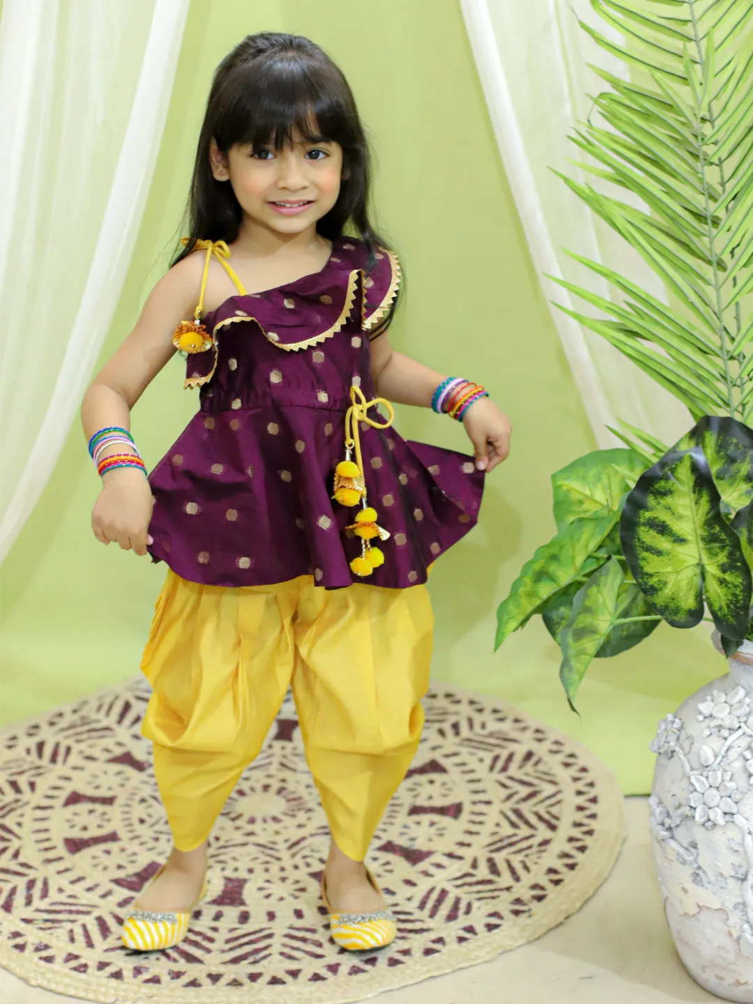 Girls Ethnic Festive Wear Chanderi Silk One Shoulder Peplum With Dhoti- Clothing Sets Purple