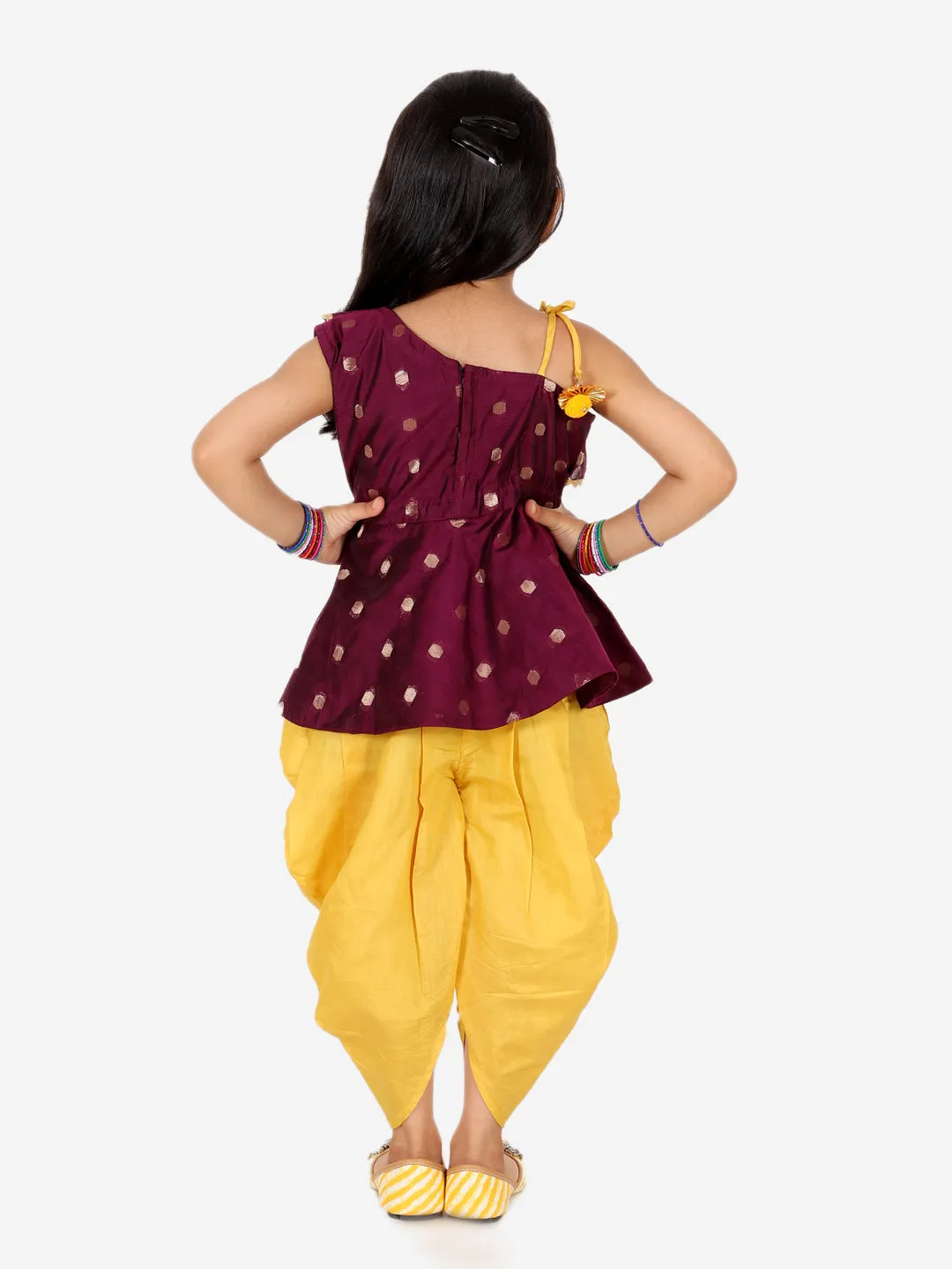 Girls Ethnic Festive Wear Chanderi Silk One Shoulder Peplum With Dhoti- Clothing Sets Purple