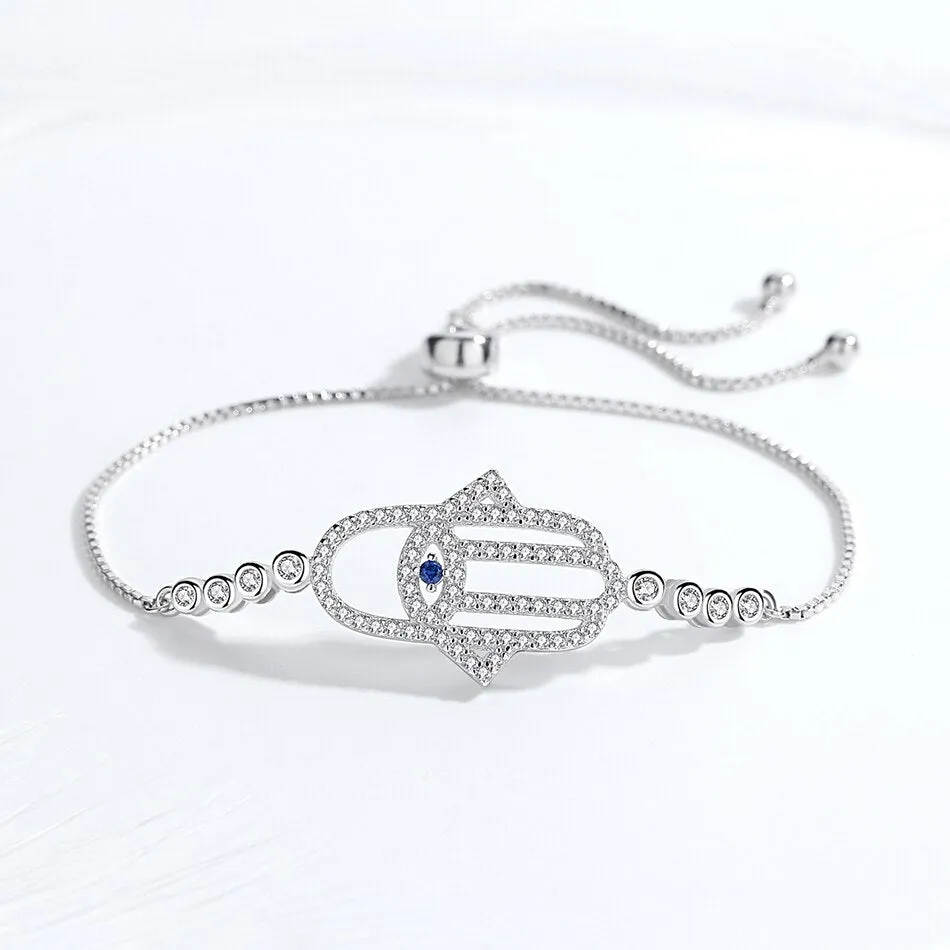 Hamsa Hand Evil Eye 925 Sterling Silver Tennis Bracelet