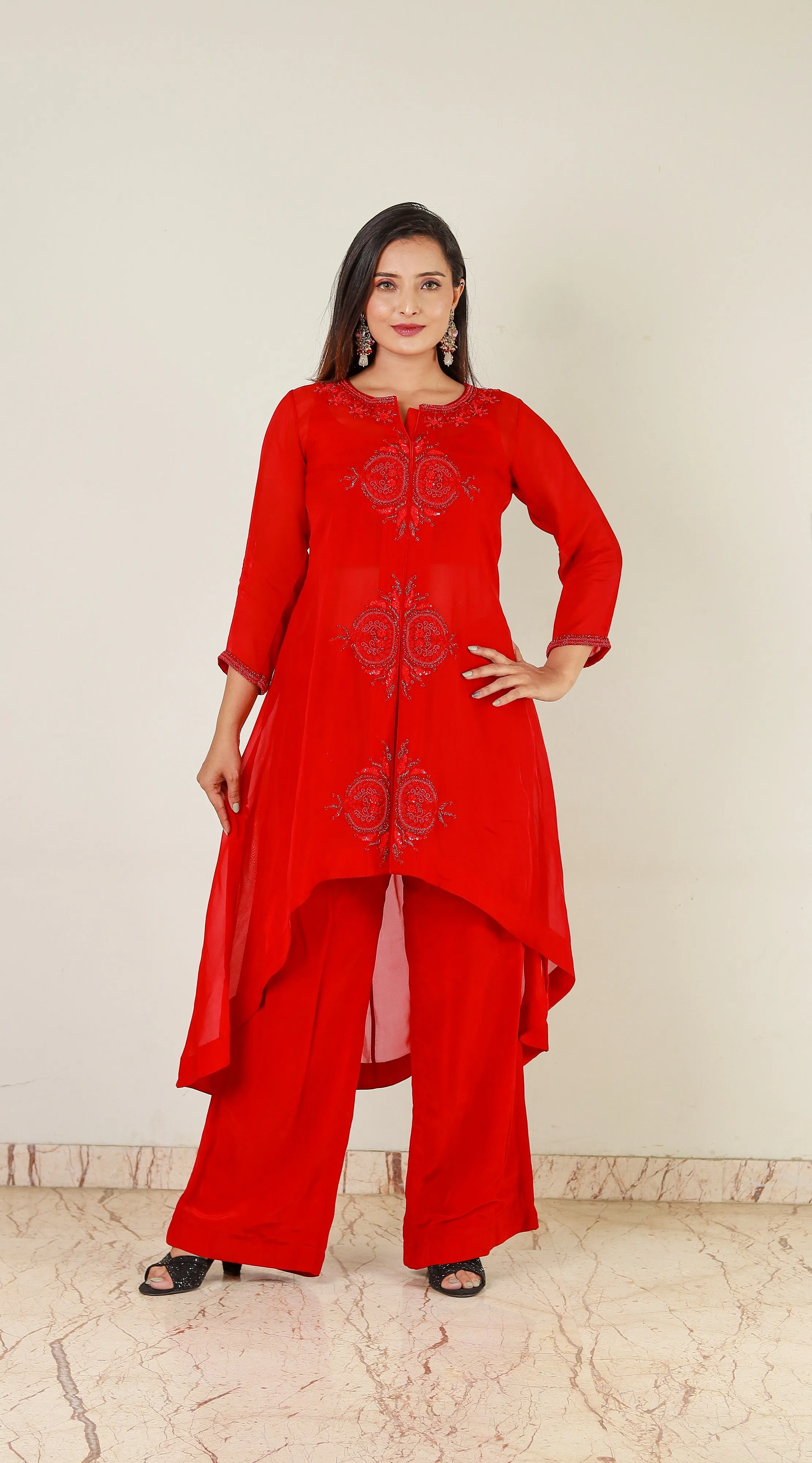 Hand Embroidered Flared Red Georgette Organza Dress