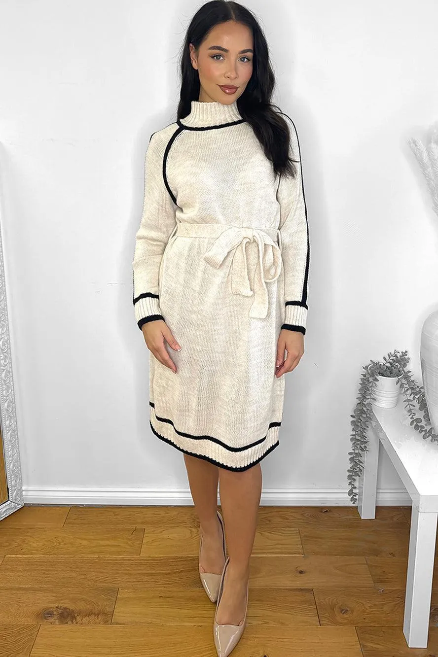 High Neck Contrast Details Belted Knitted Dress