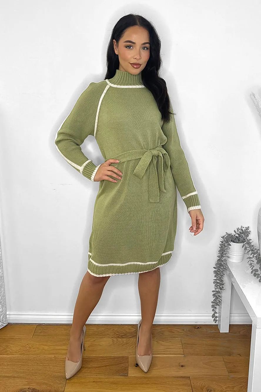 High Neck Contrast Details Belted Knitted Dress