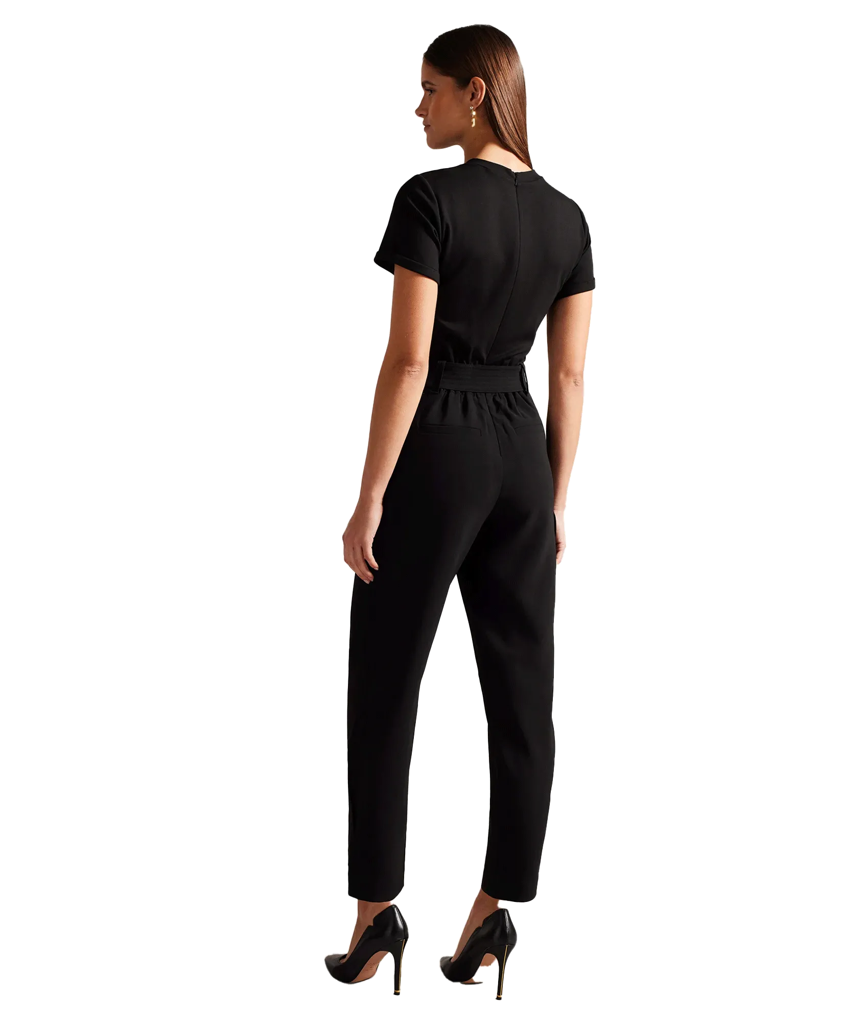 High Waisted Belted Cargo Jumpsuit - Black