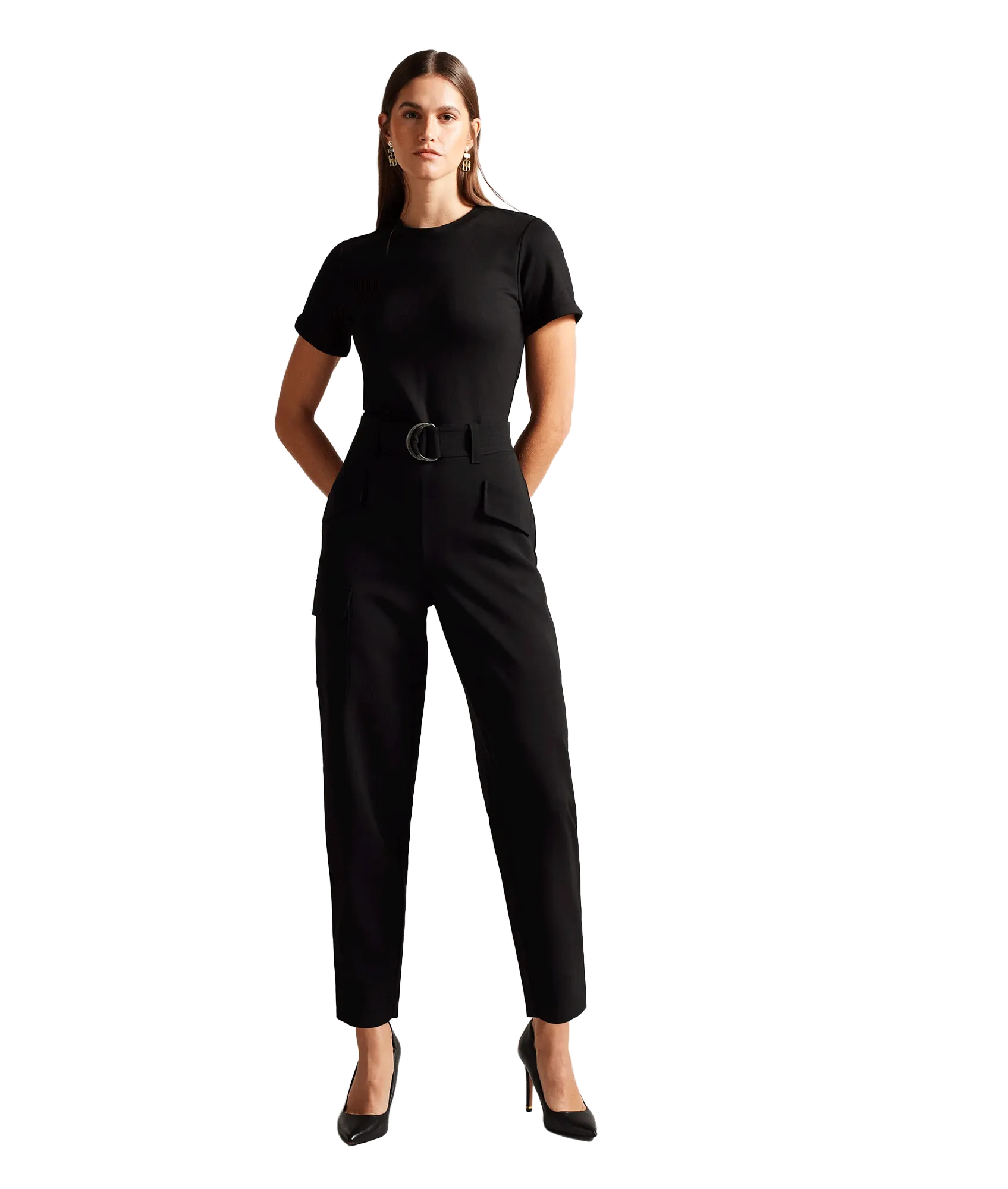 High Waisted Belted Cargo Jumpsuit - Black