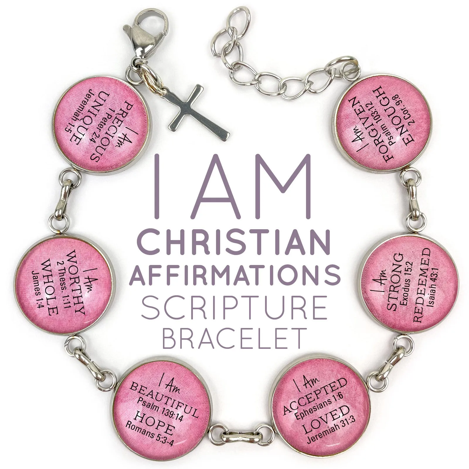 I AM Strong, Unique, Beautiful, Worthy, Loved, Enough – Christian Affirmations Scripture Charm Bracelet