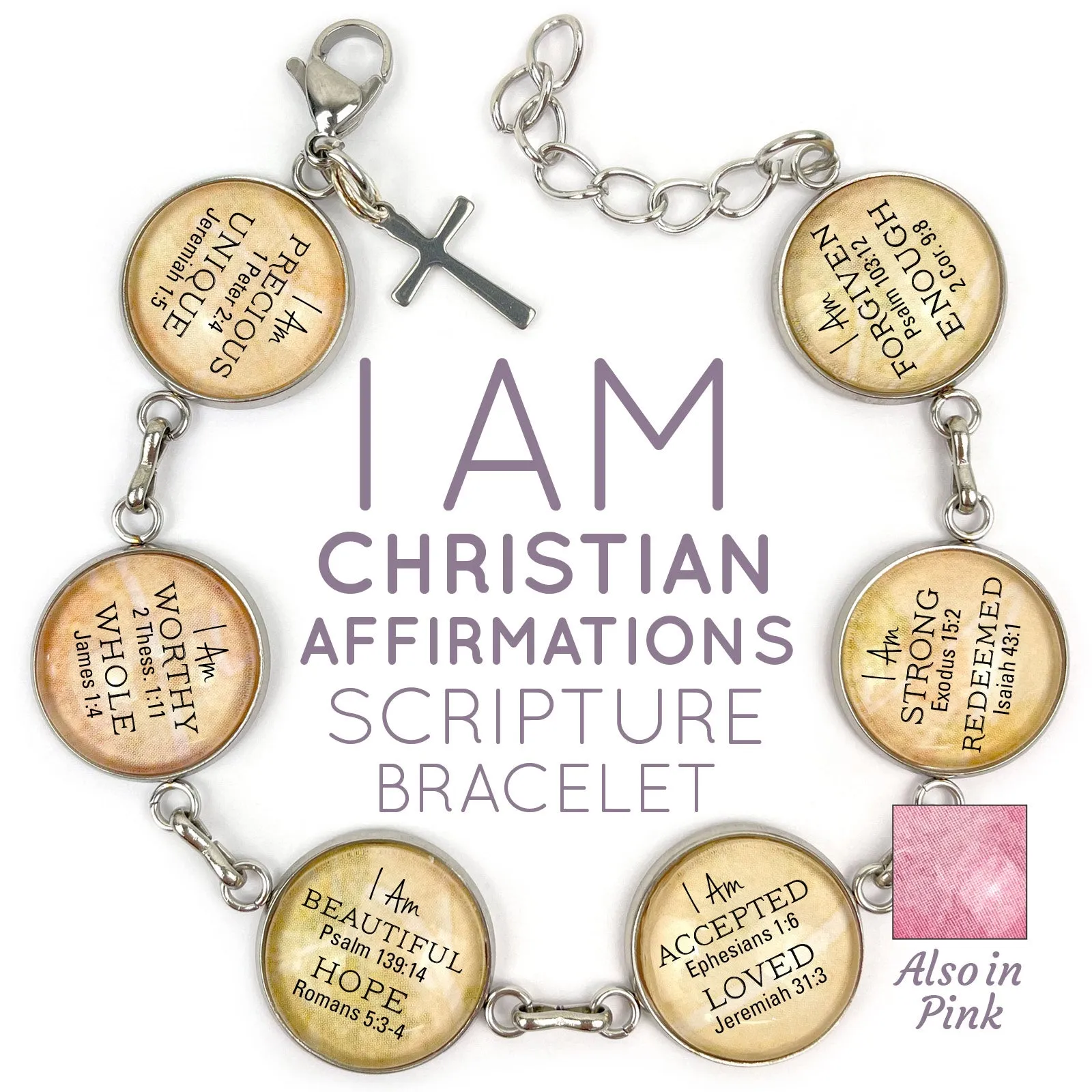 I AM Strong, Unique, Beautiful, Worthy, Loved, Enough – Christian Affirmations Scripture Charm Bracelet