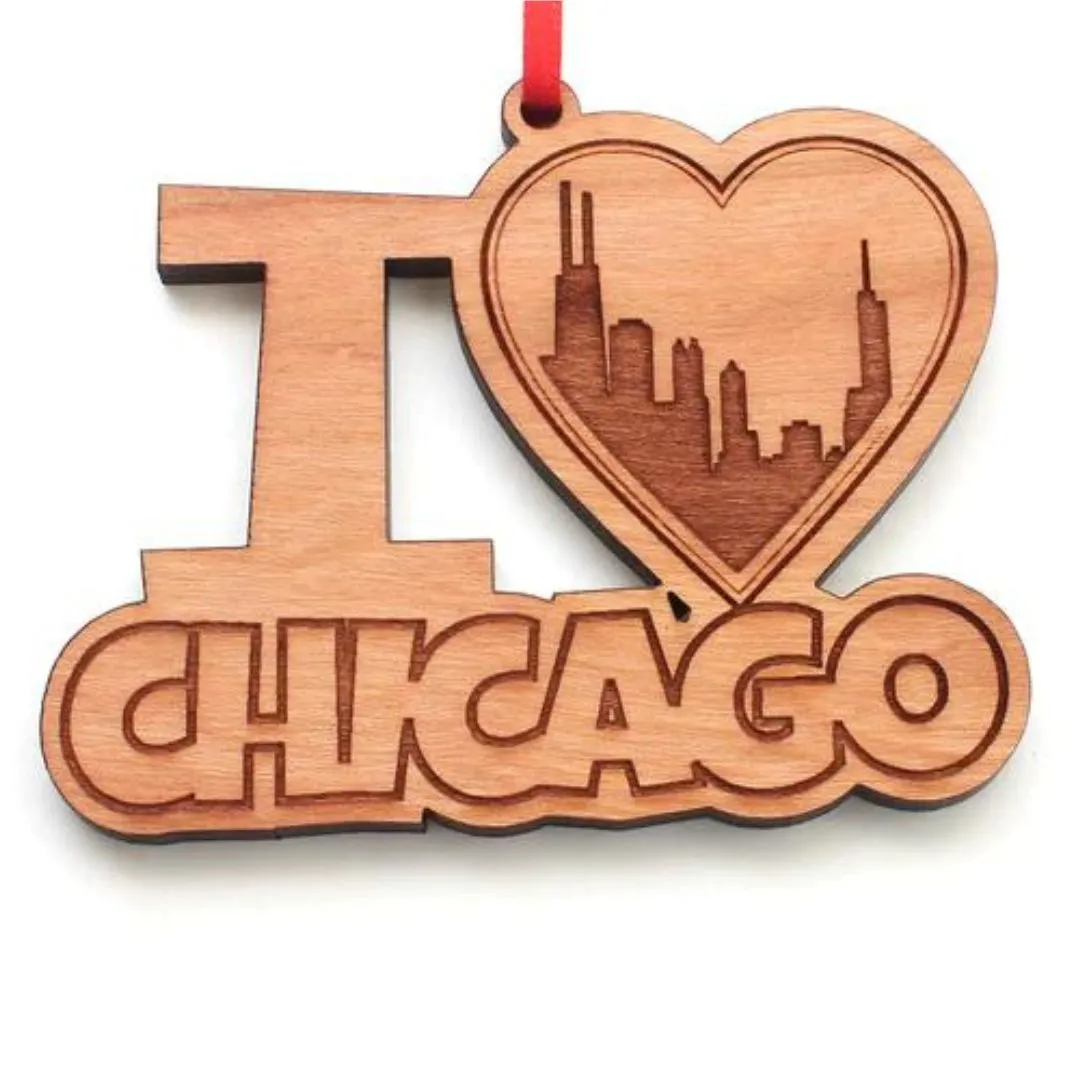 I Heart Chicago Skyline Wood Ornament