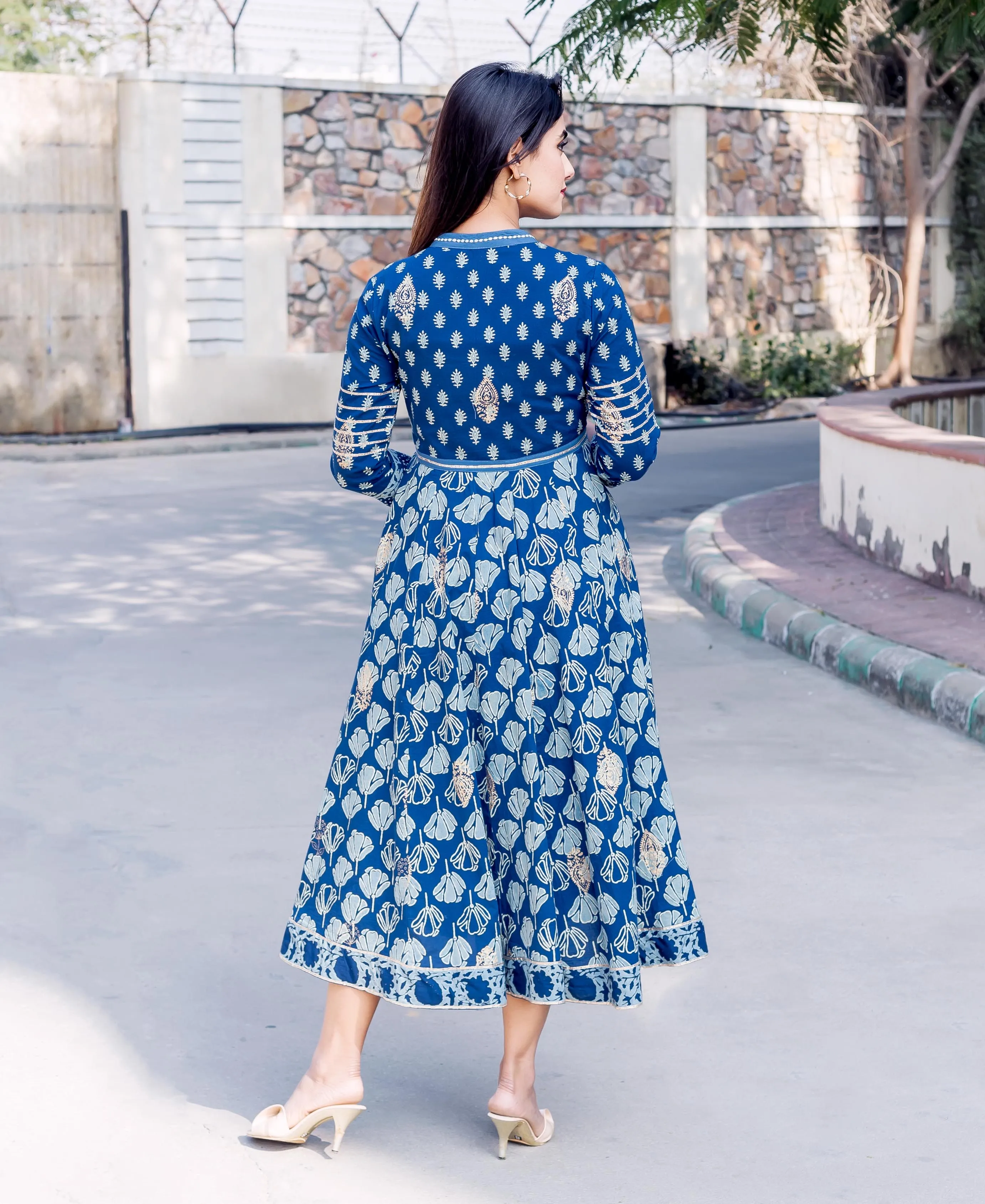 Indigo and Gold Printed Embroidered Flared Dress with Gotta Trims