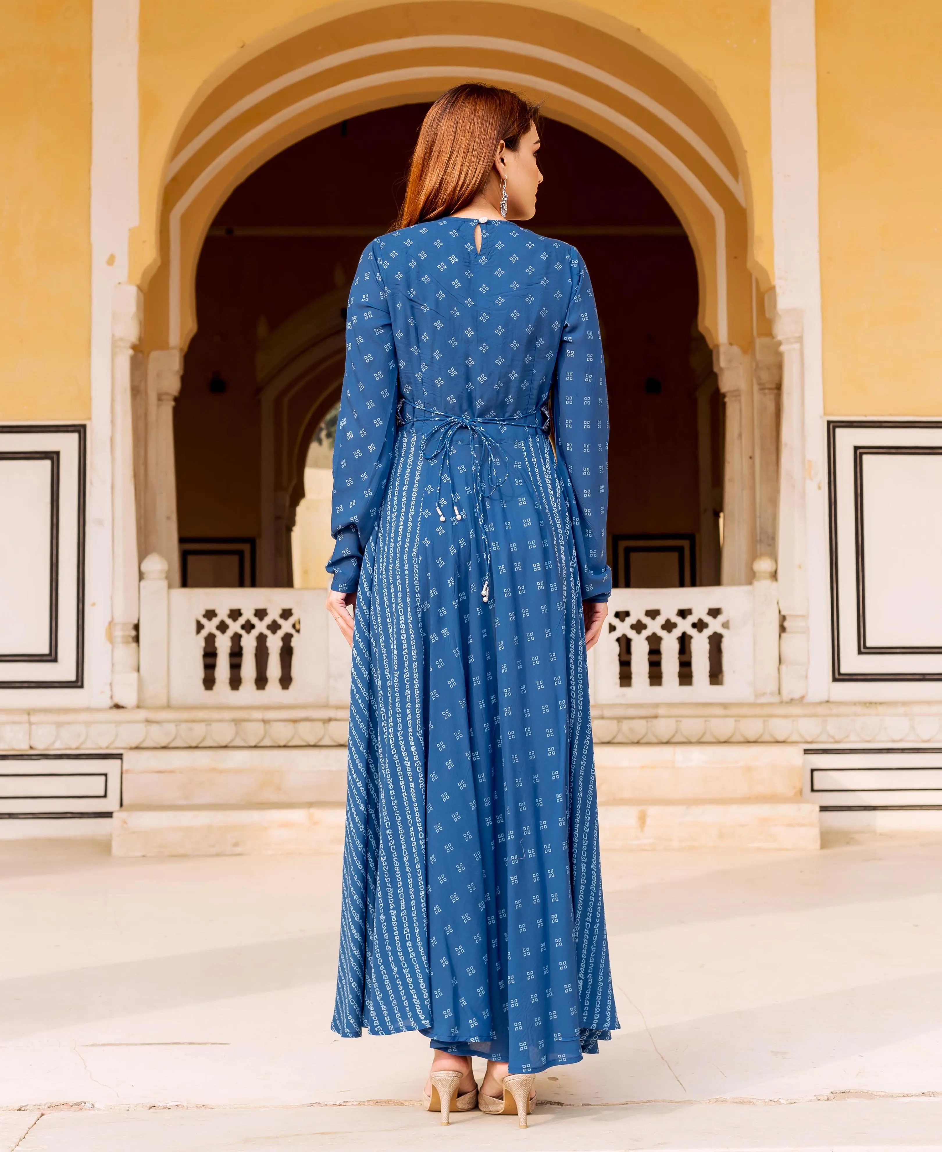 Indigo Bandhej Printed and Embroidered Dress