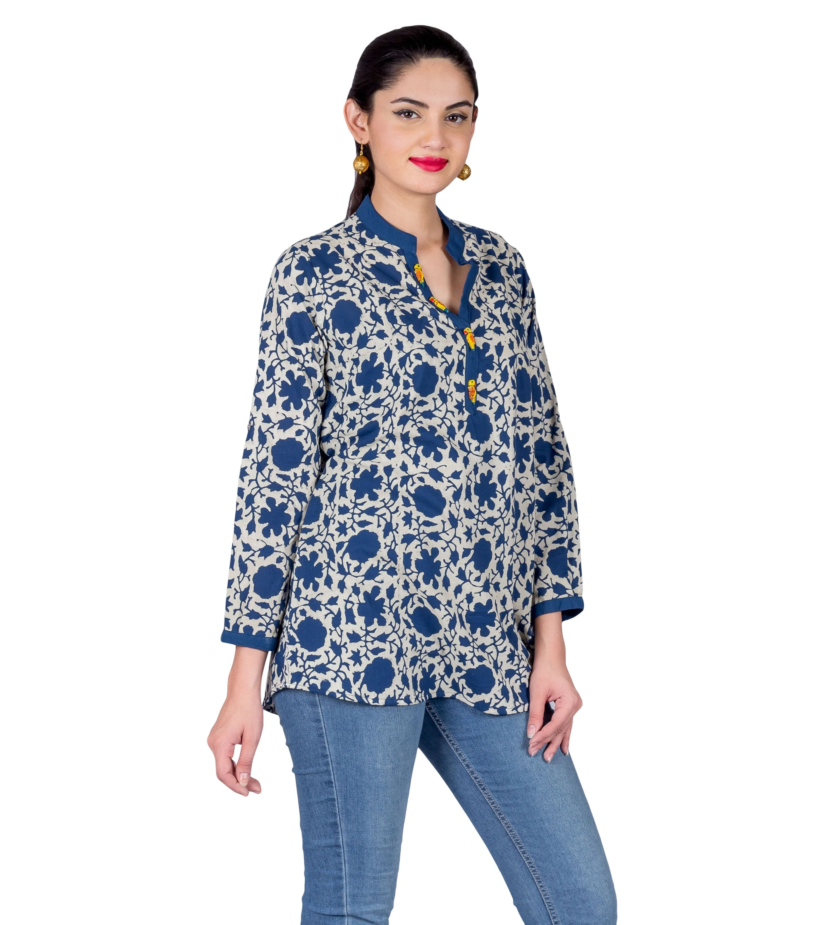 Indigo Blue White Button Up Hand Block Printed Ethnic Top