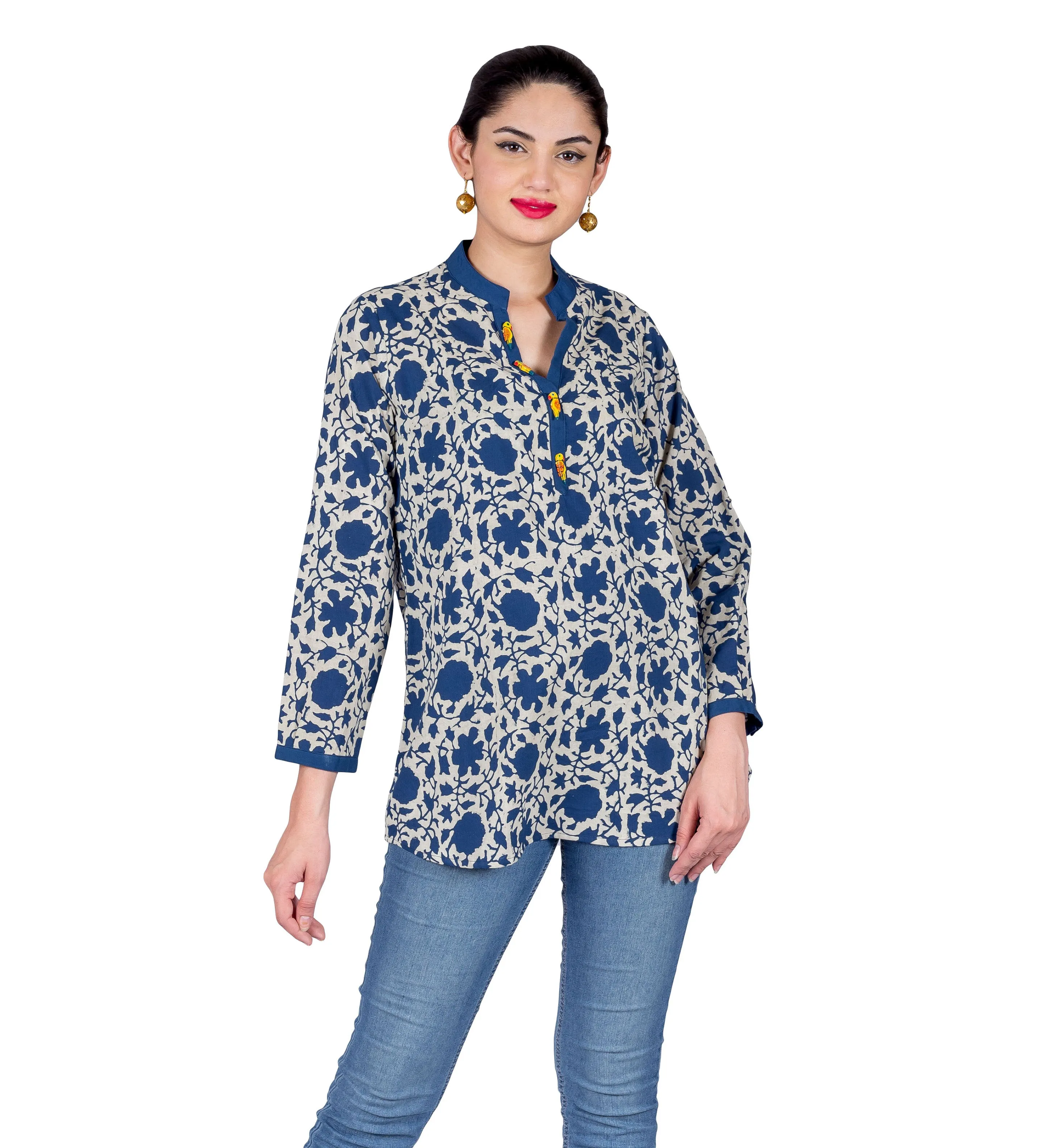 Indigo Blue White Button Up Hand Block Printed Ethnic Top