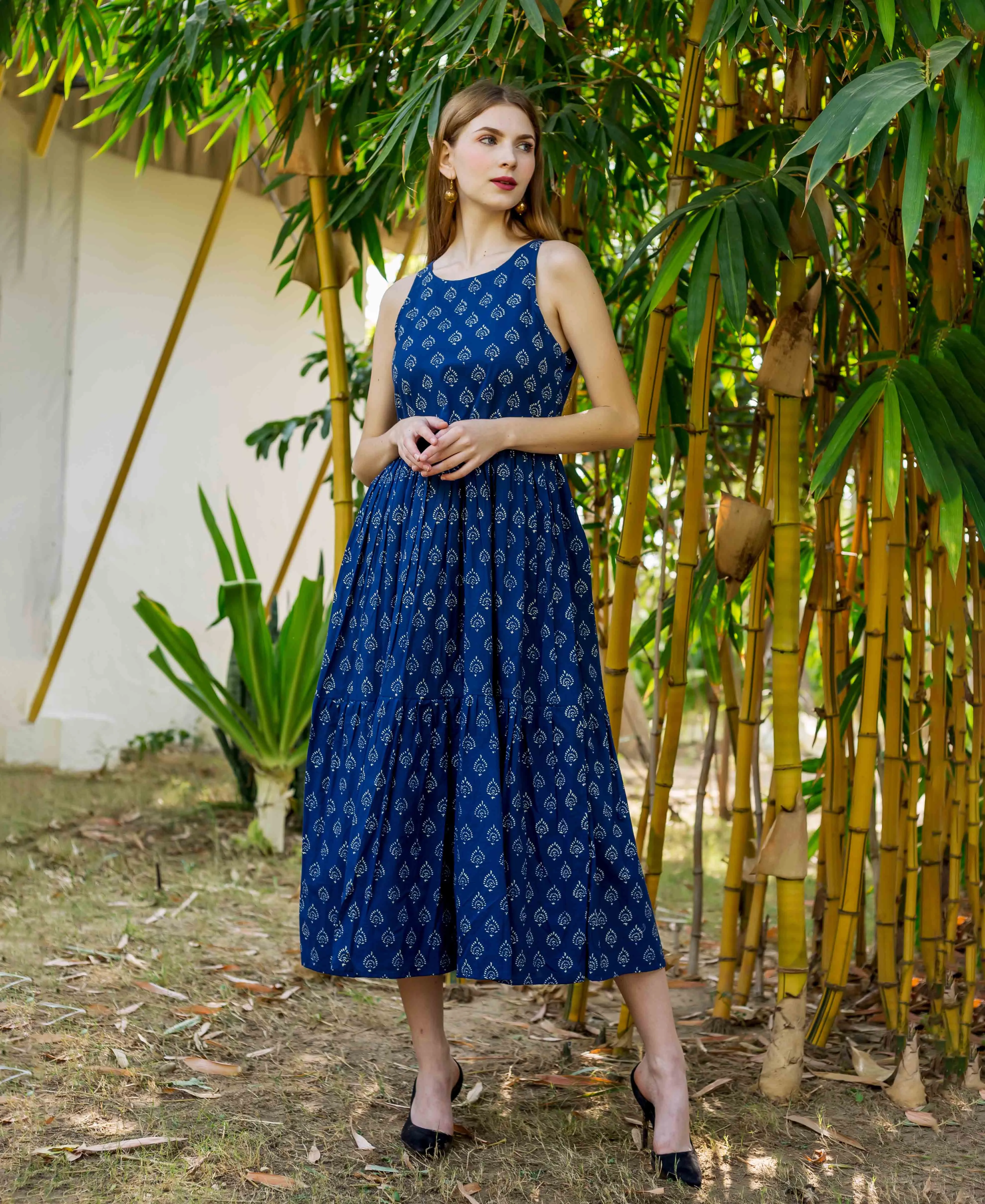 Indigo Hand Block Printed Sleeveless Tiered Dress