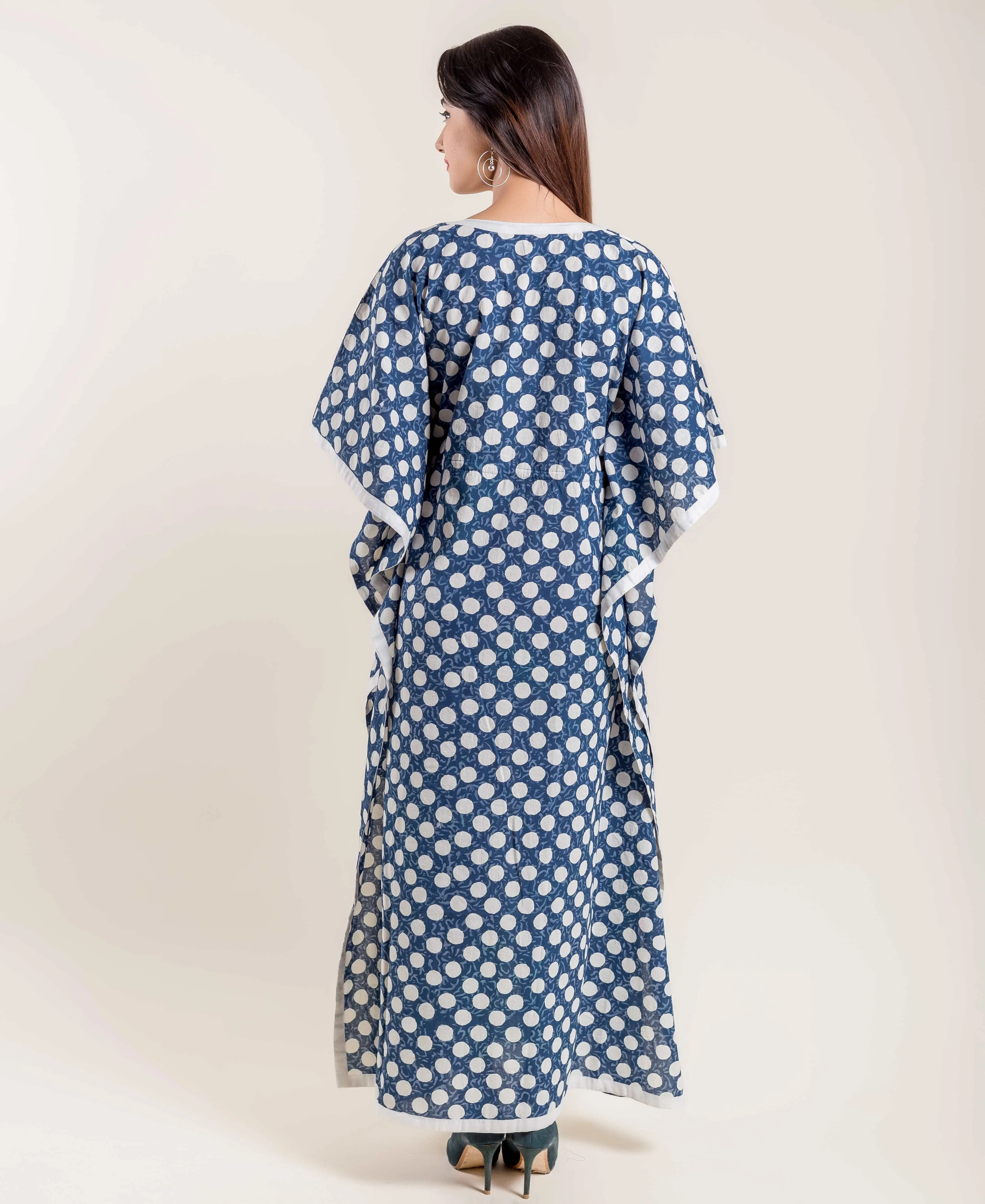 Indigo White Polka Dots Hand Block Printed V Neck Kaftan