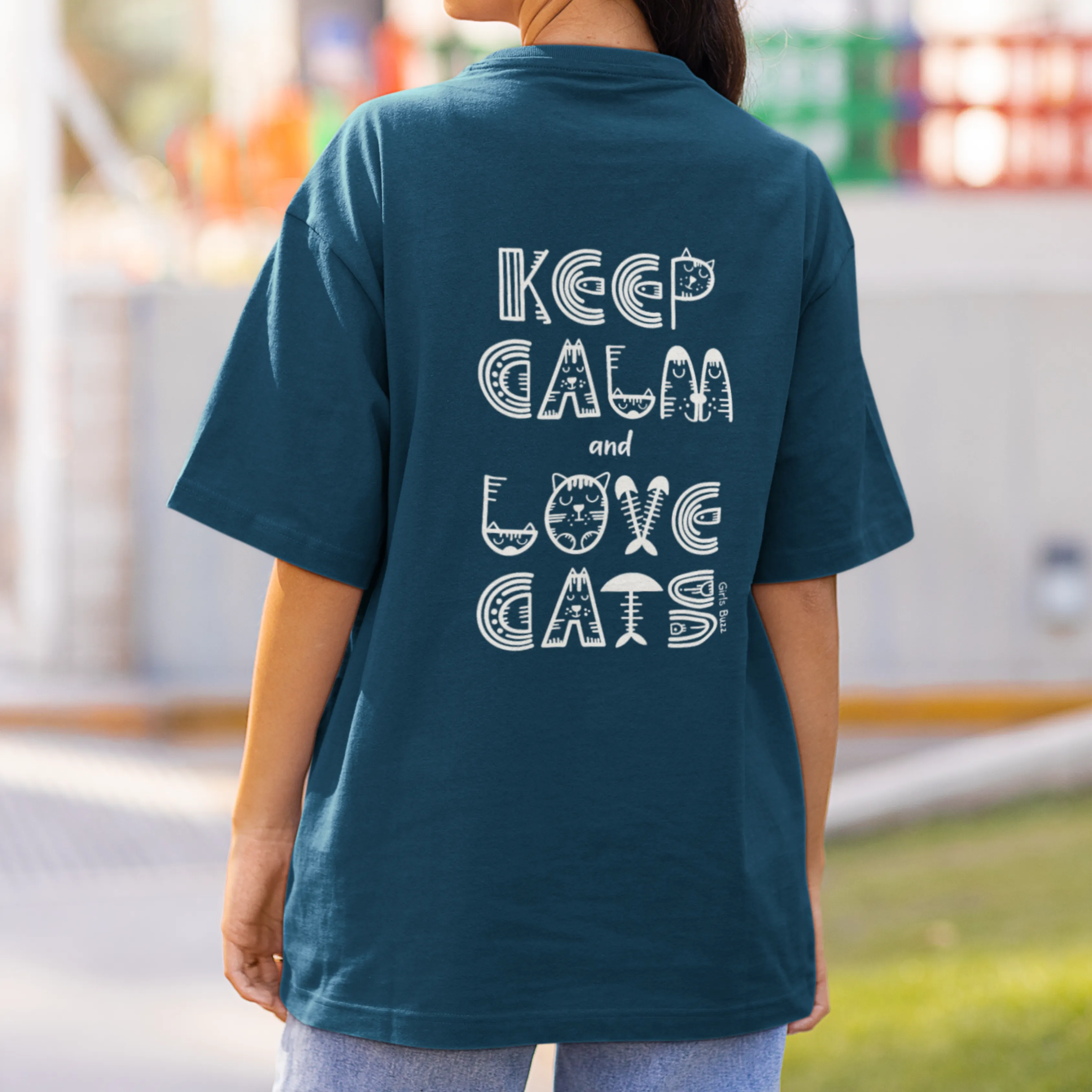 Keep Calm And Love Cats Back Printed Oversized Tee