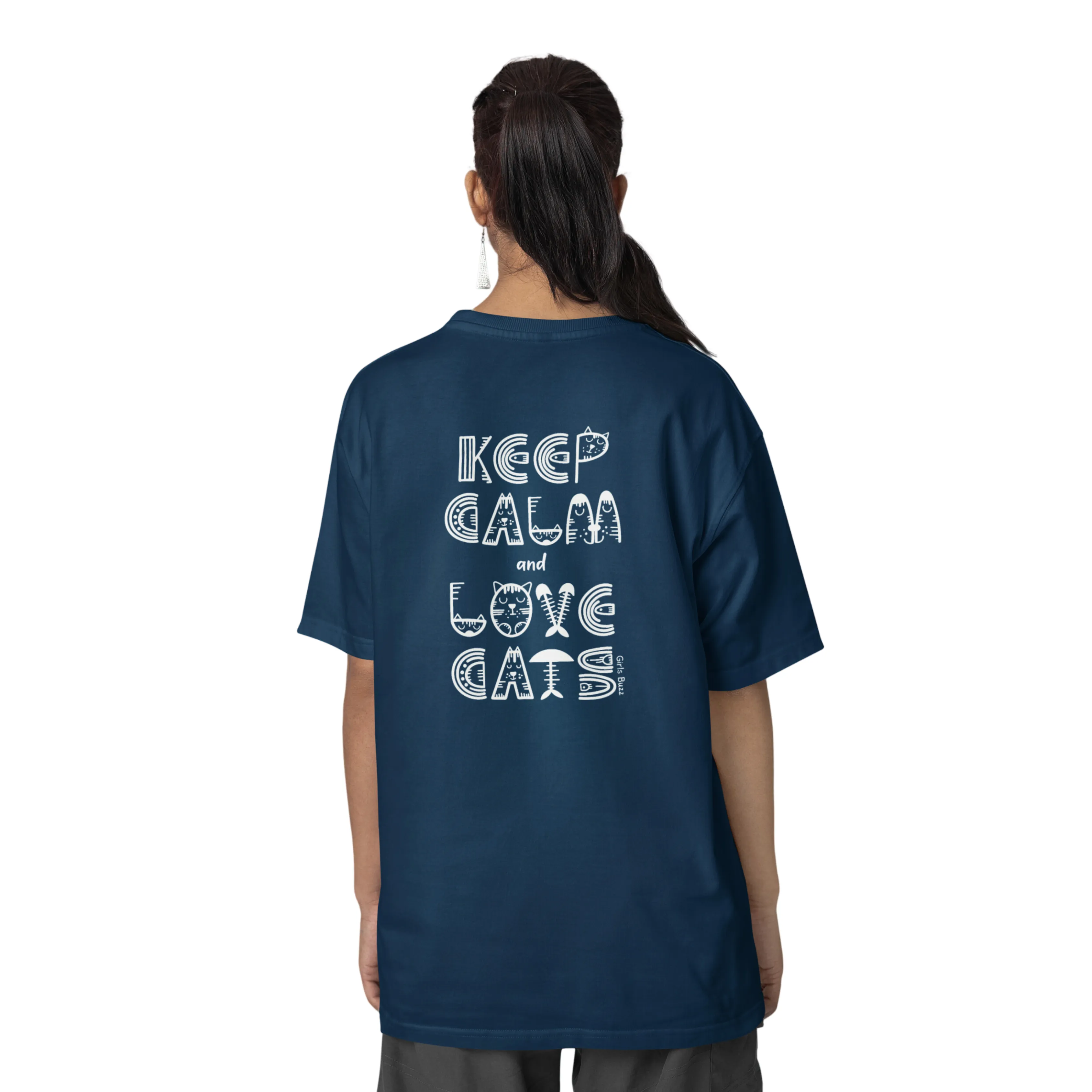 Keep Calm And Love Cats Back Printed Oversized Tee