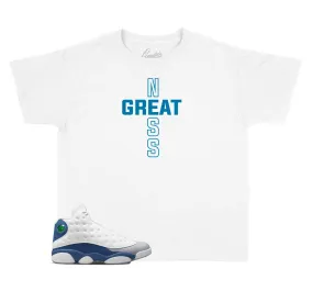 Kids French Blue 13 Shirt - Greatness Cross - White